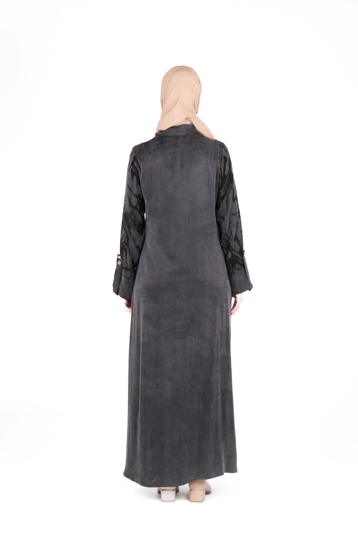 Beyza-Beyza Kendinden Desenli Yakası Kurdele Detaylı Siyah Elbise 9412