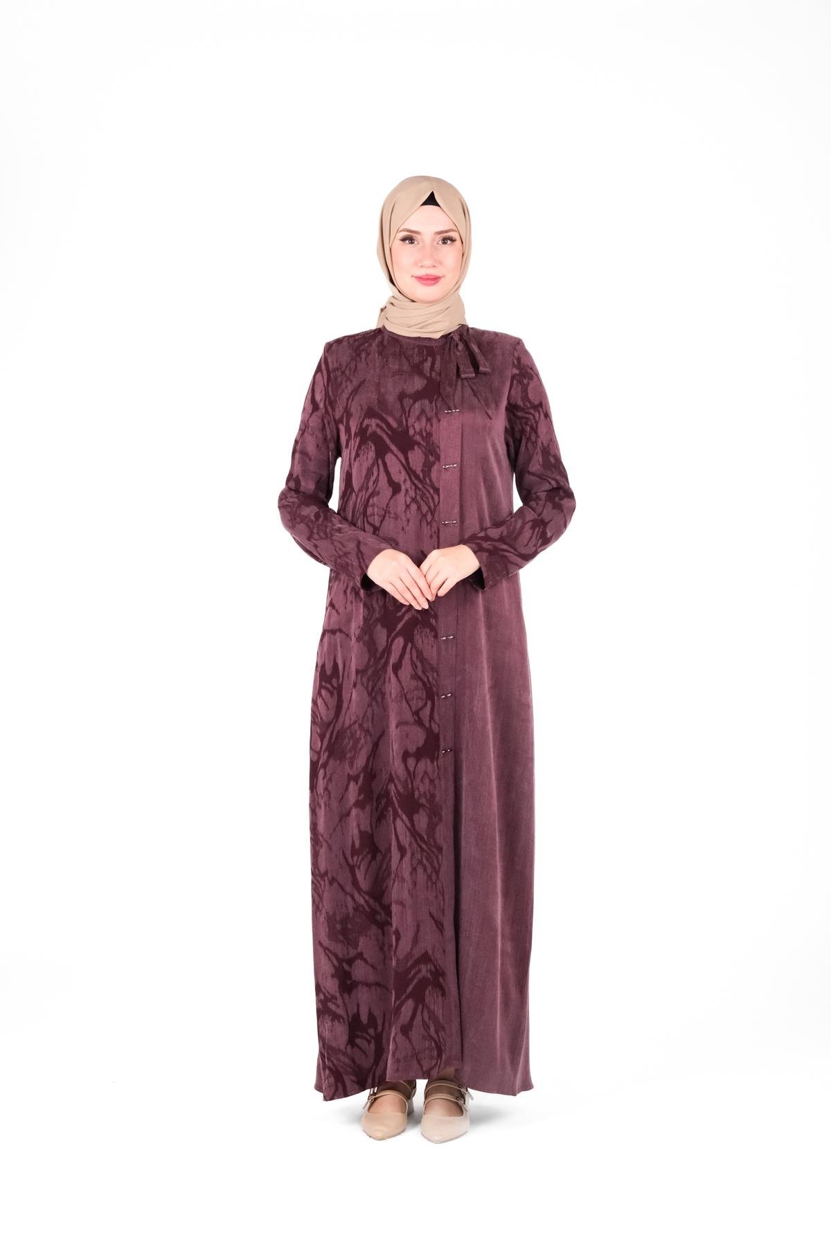 Beyza-Beyza Kendinden Desenli Yakası Kurdele Detaylı Mürdüm Elbise 9412