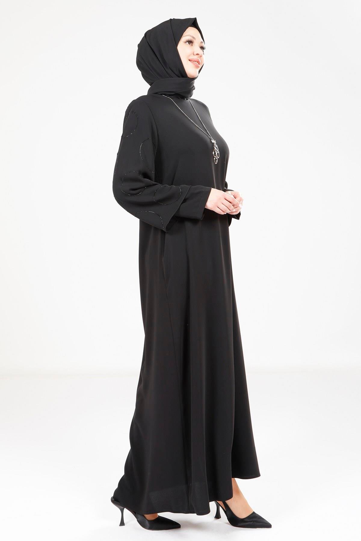 Beyza-9292 ELBİSE KOLU TAŞLI KOLYELİ SİYAH