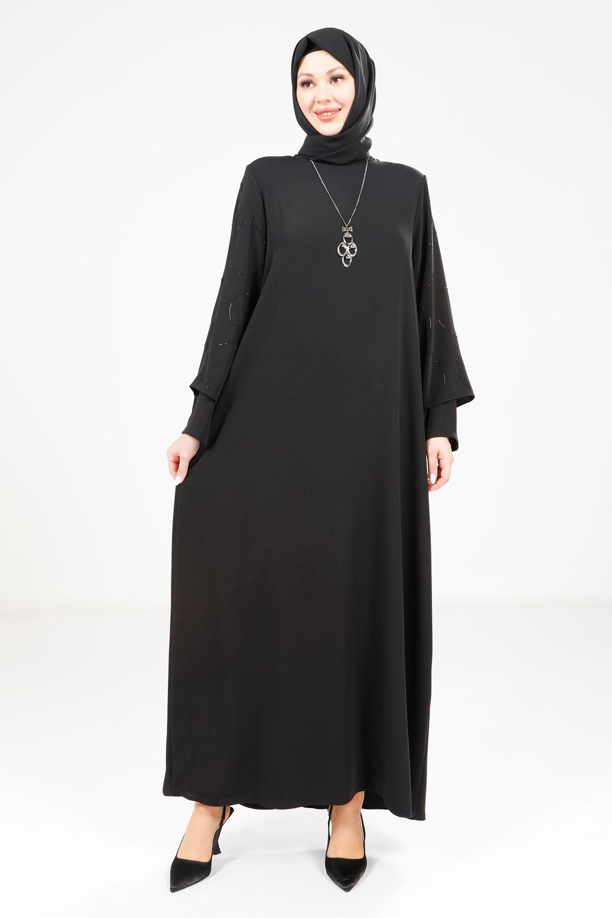 Beyza-9292 ELBİSE KOLU TAŞLI KOLYELİ SİYAH