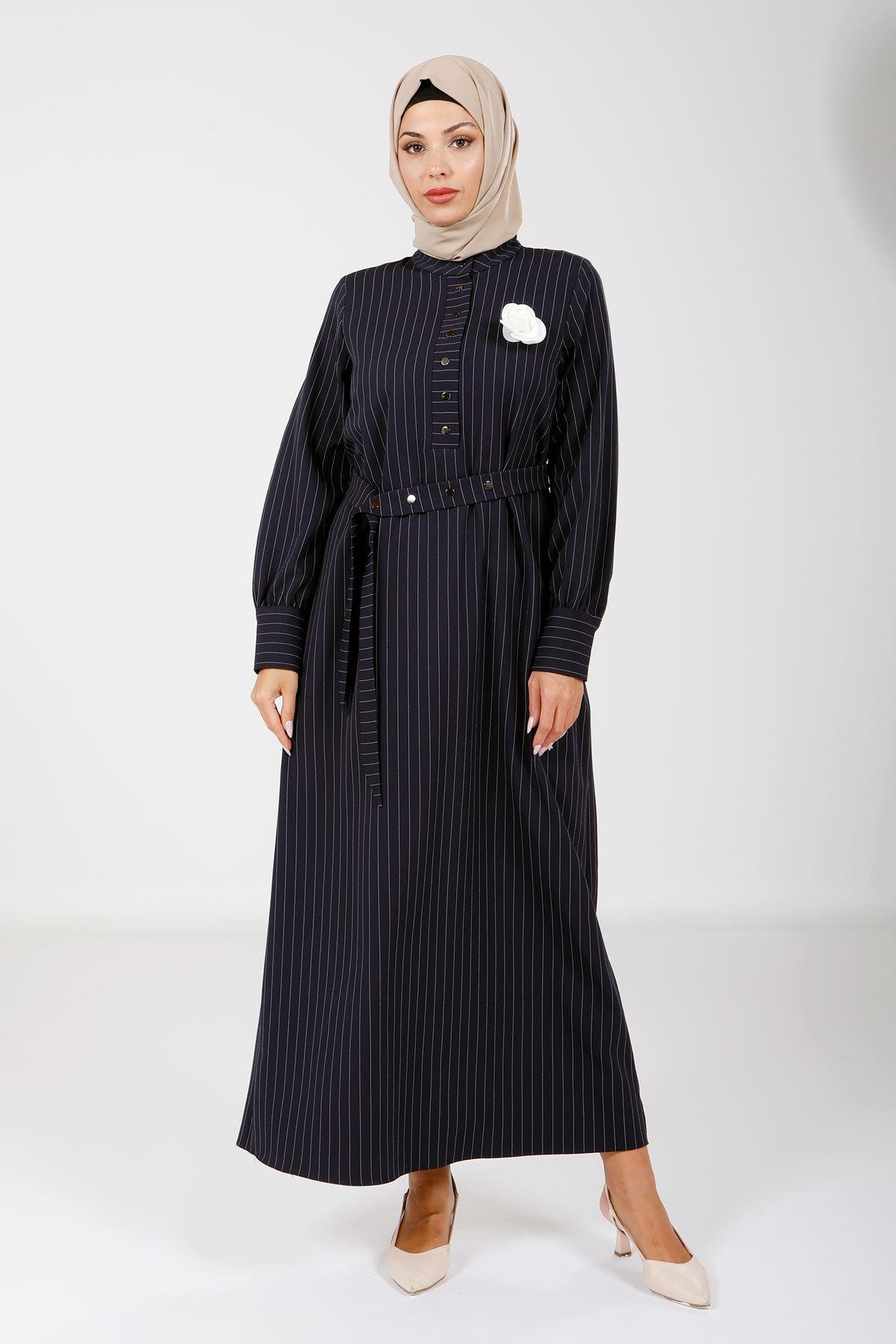 Beyza-9081 ELBİSE ÇİZGİLİ KOYU LACİVERT