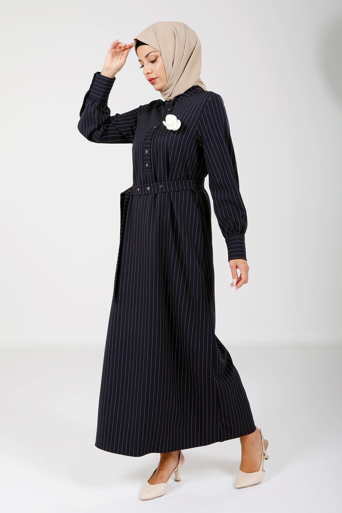 Beyza-9081 ELBİSE ÇİZGİLİ KOYU LACİVERT