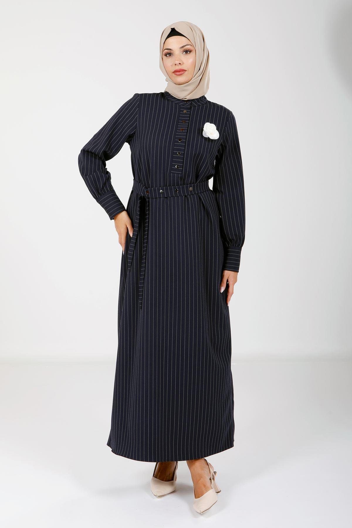 Beyza-9081 ELBİSE ÇİZGİLİ KOYU LACİVERT