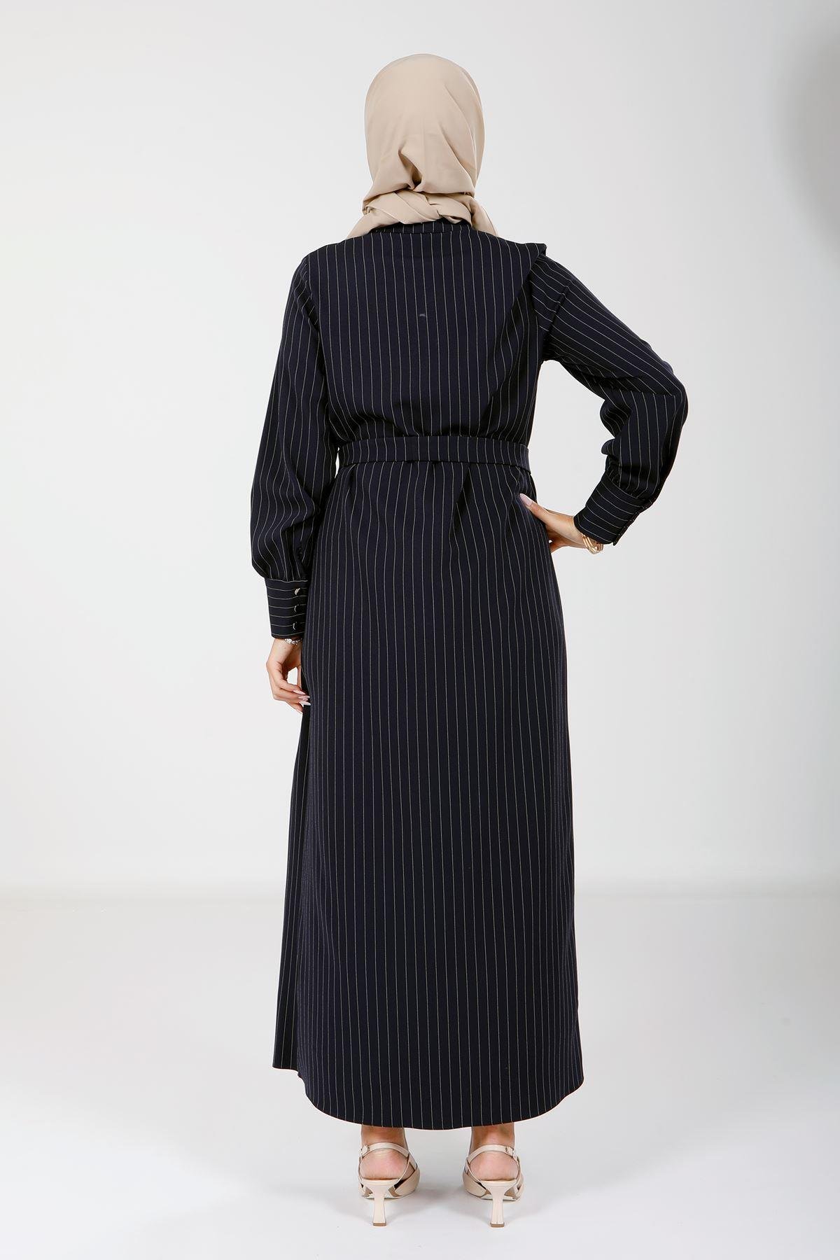 Beyza-9081 ELBİSE ÇİZGİLİ KOYU LACİVERT