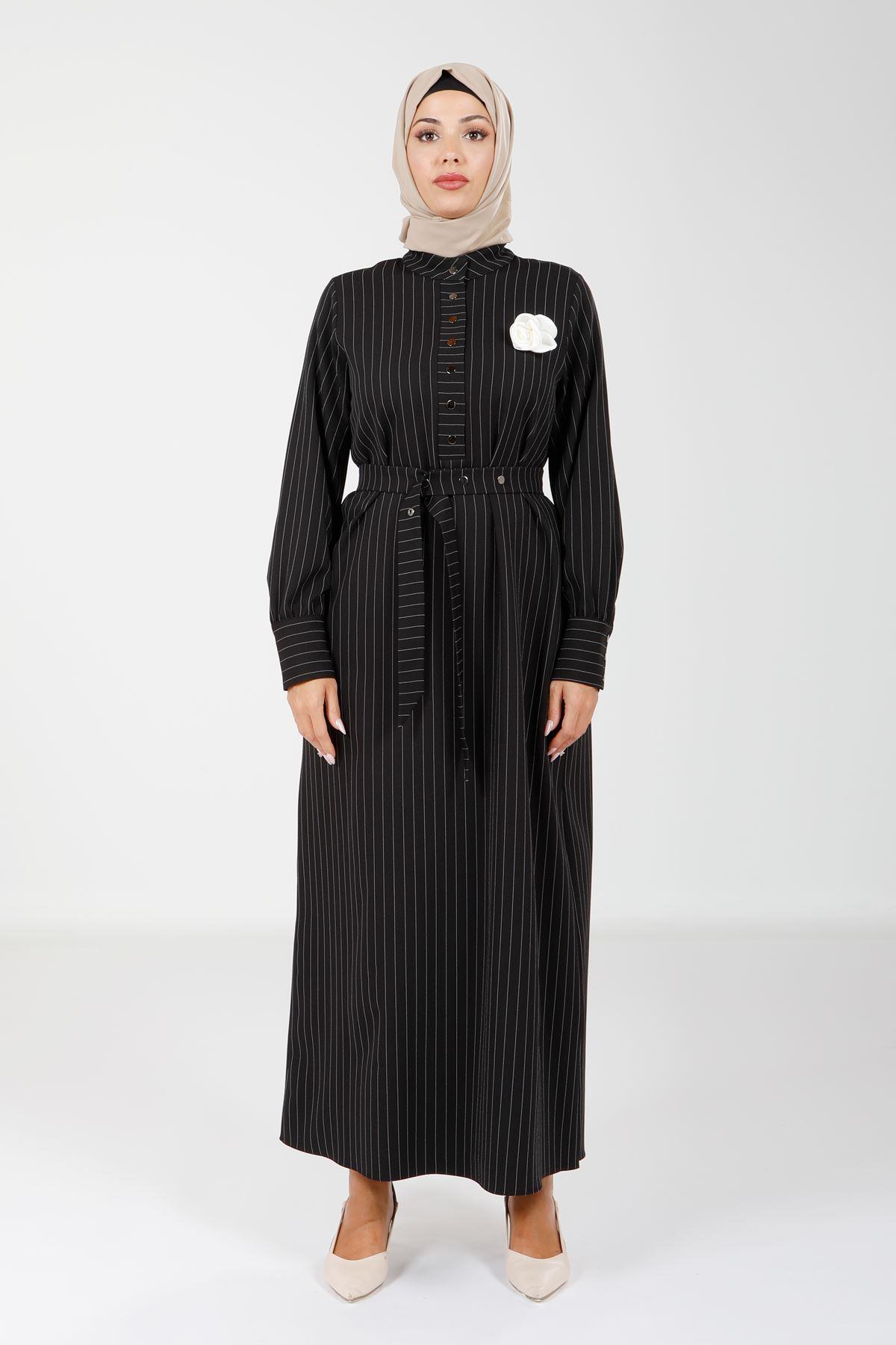 Beyza-9081 ELBİSE ÇİZGİLİ SİYAH