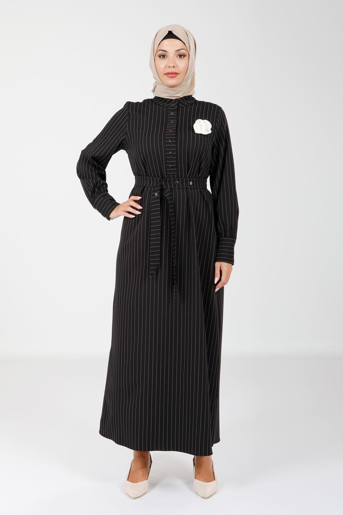 Beyza-9081 ELBİSE ÇİZGİLİ SİYAH