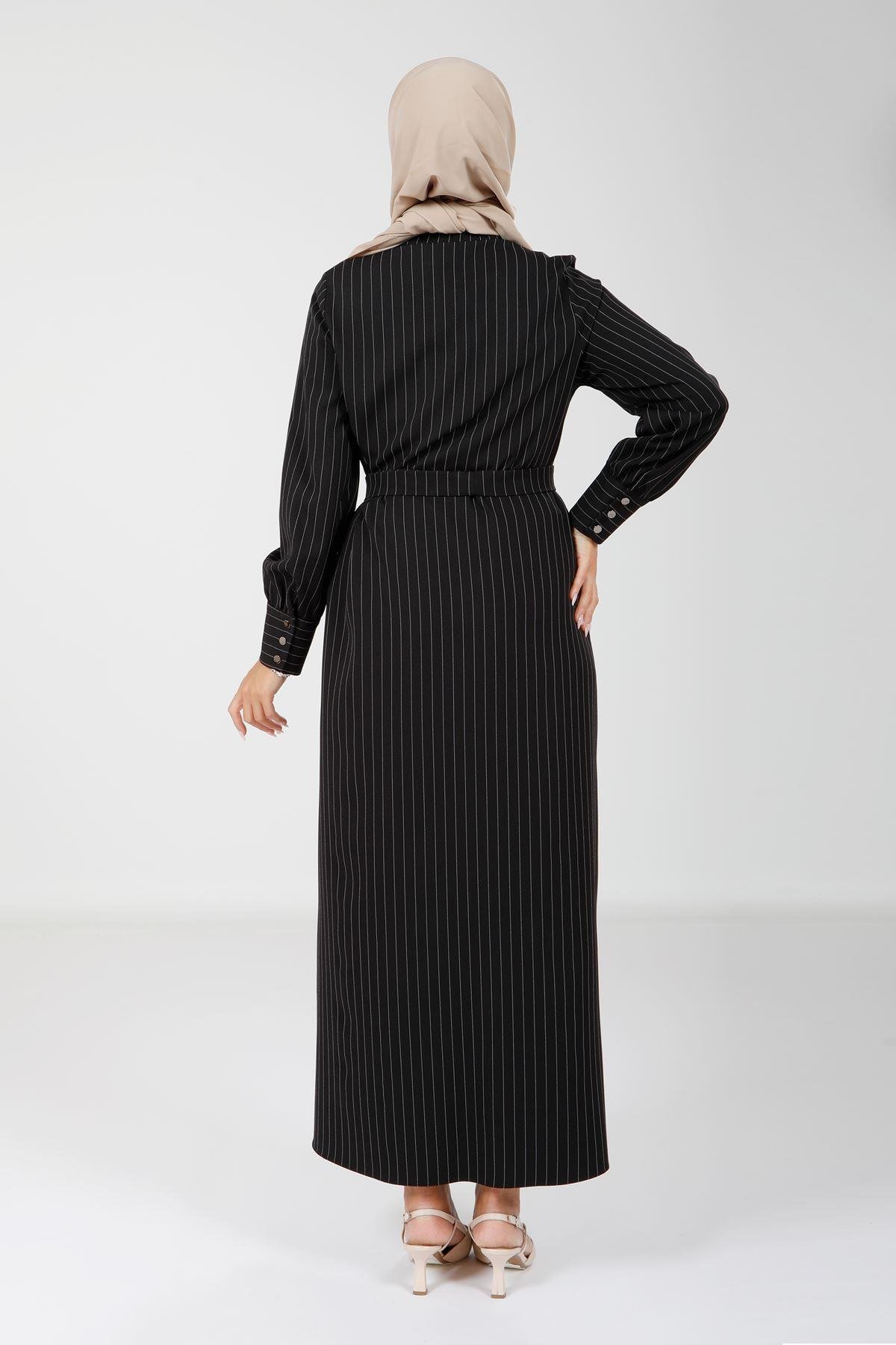 Beyza-9081 ELBİSE ÇİZGİLİ SİYAH