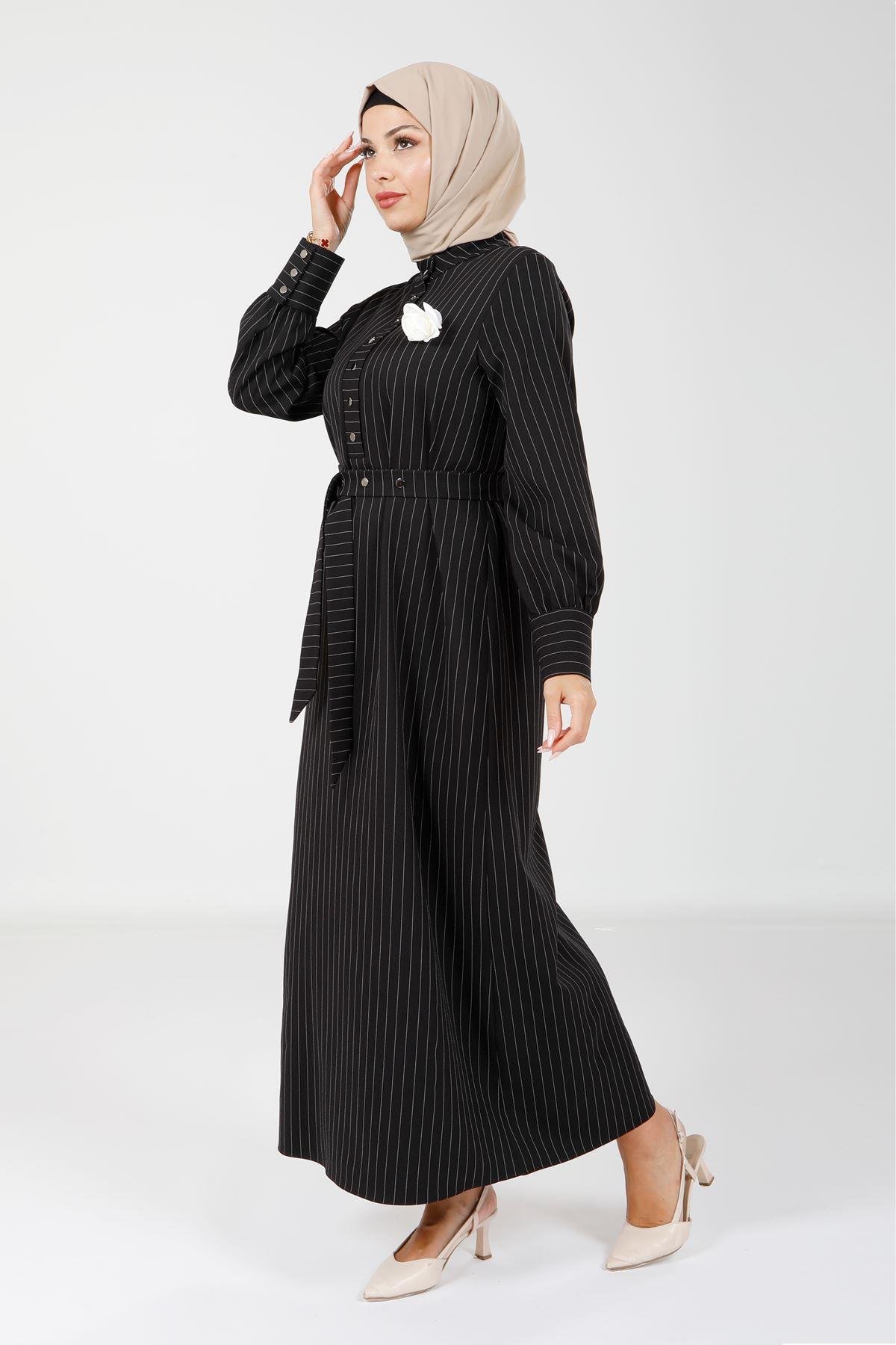 Beyza-9081 ELBİSE ÇİZGİLİ SİYAH