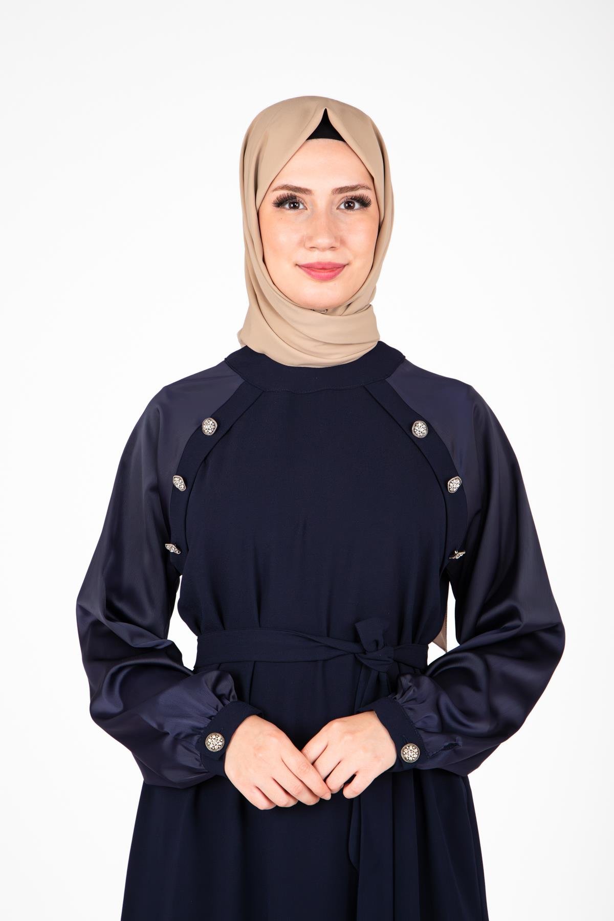 Beyza-Beyza Omuz Kısmı Taş Aksesuarlı Lacivert Renk Elbise 9429