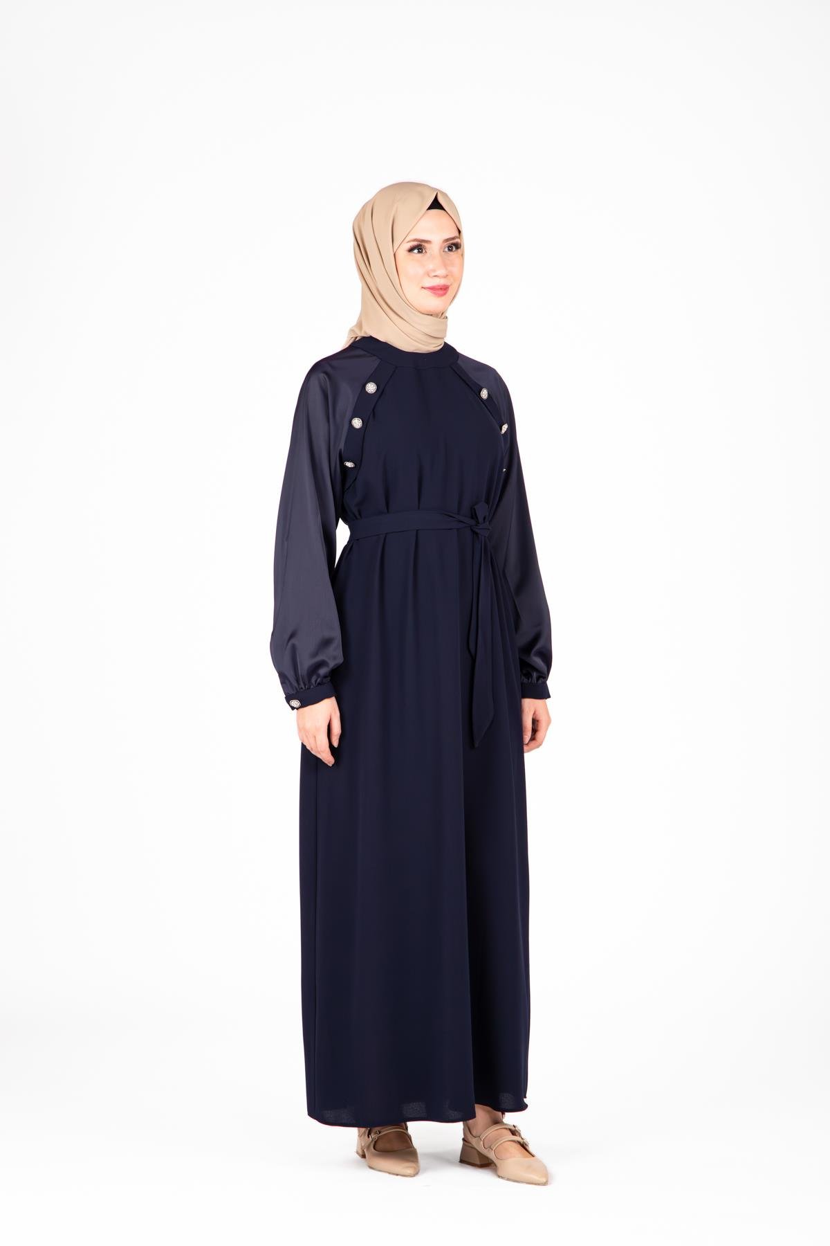 Beyza-Beyza Omuz Kısmı Taş Aksesuarlı Lacivert Renk Elbise 9429