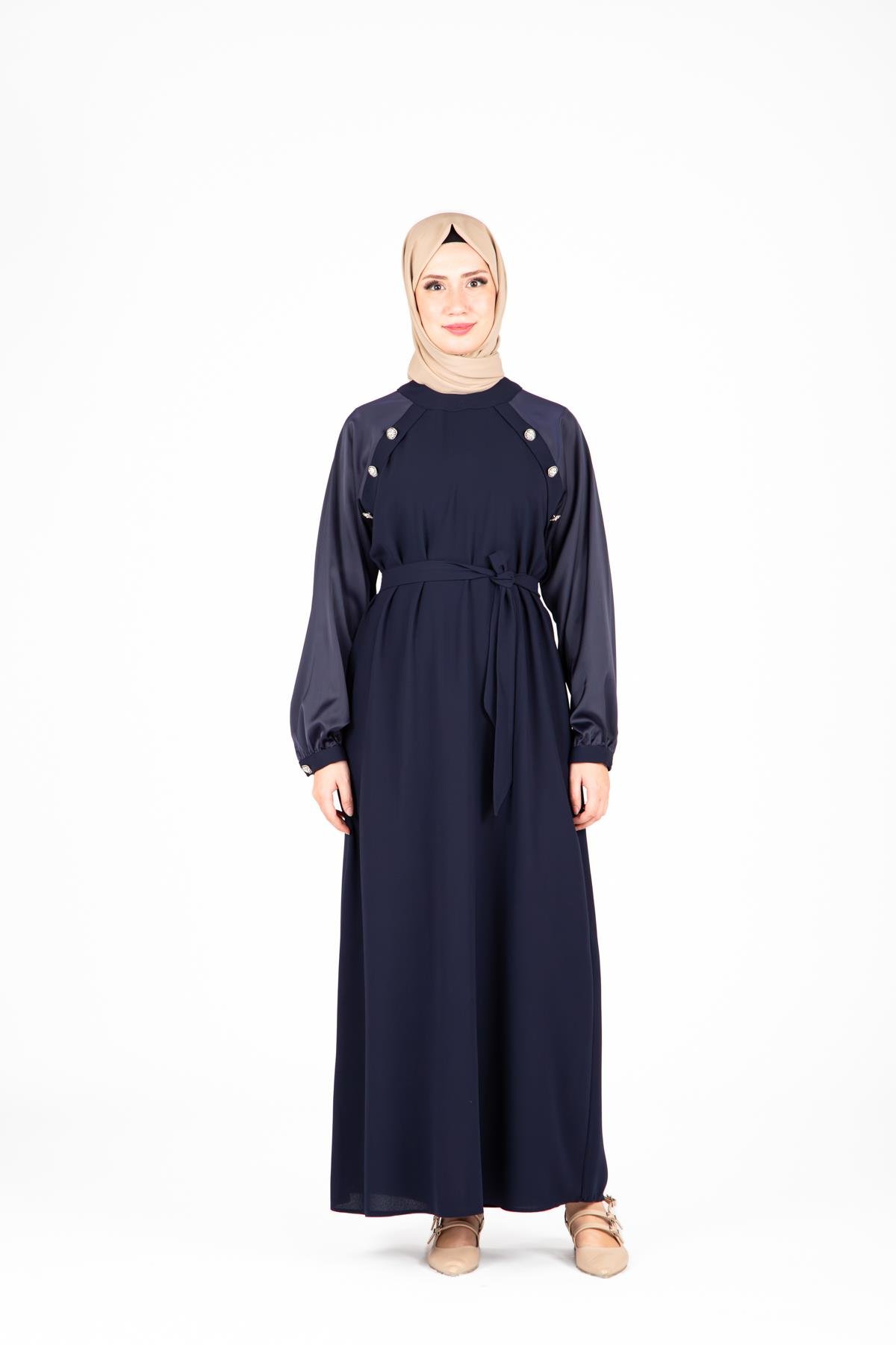 Beyza-Beyza Omuz Kısmı Taş Aksesuarlı Lacivert Renk Elbise 9429