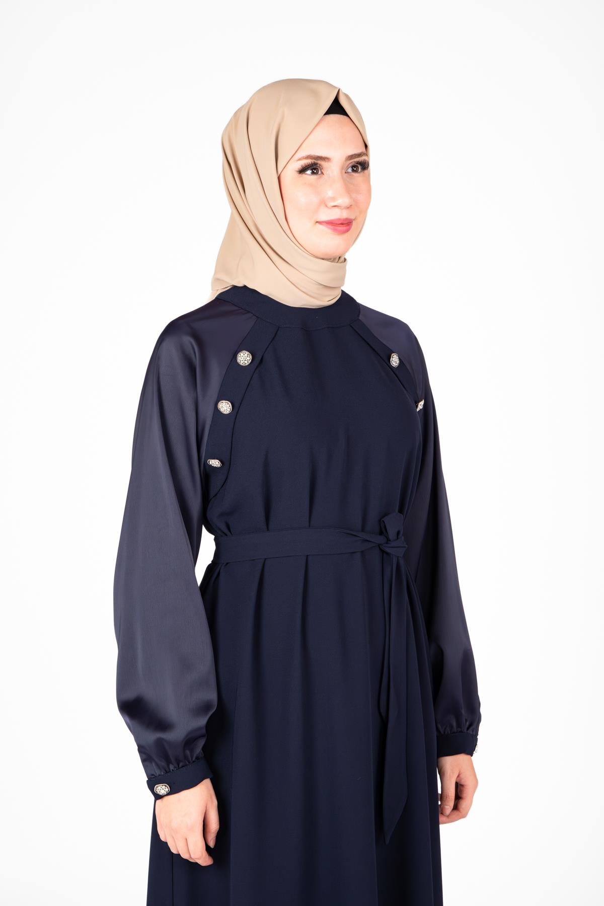 Beyza-Beyza Omuz Kısmı Taş Aksesuarlı Lacivert Renk Elbise 9429