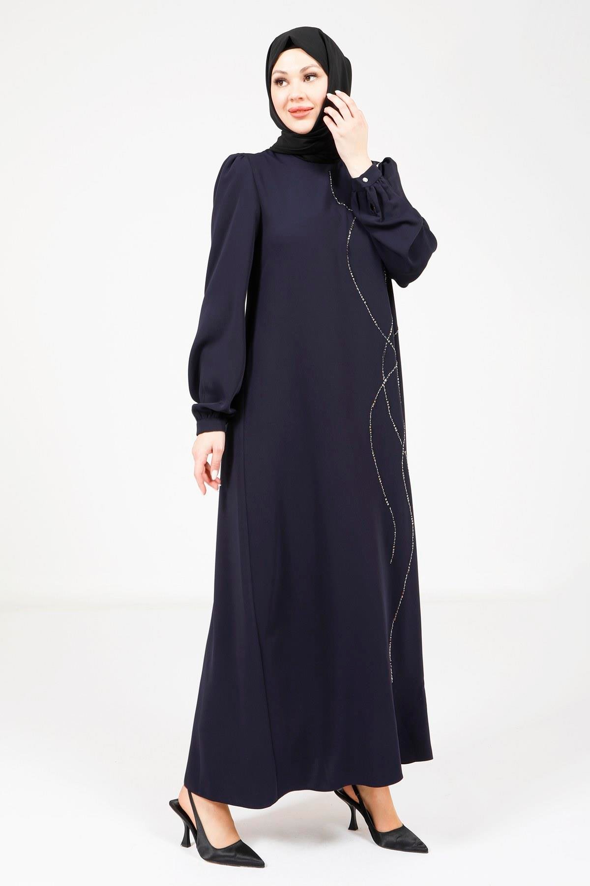 Beyza-Beyza Omuz Pileli Lacivert Elbise 9318