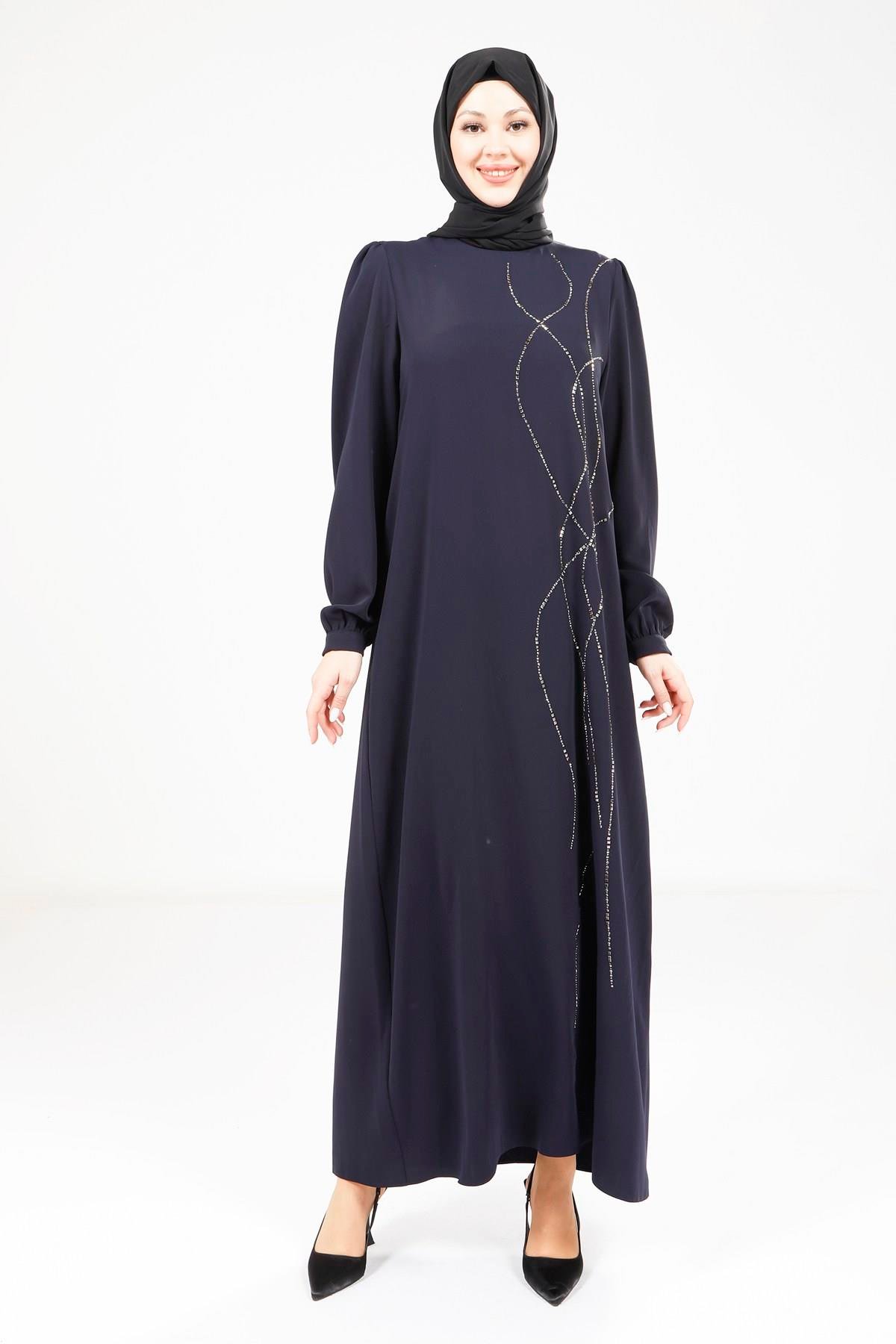 Beyza-Beyza Omuz Pileli Lacivert Elbise 9318