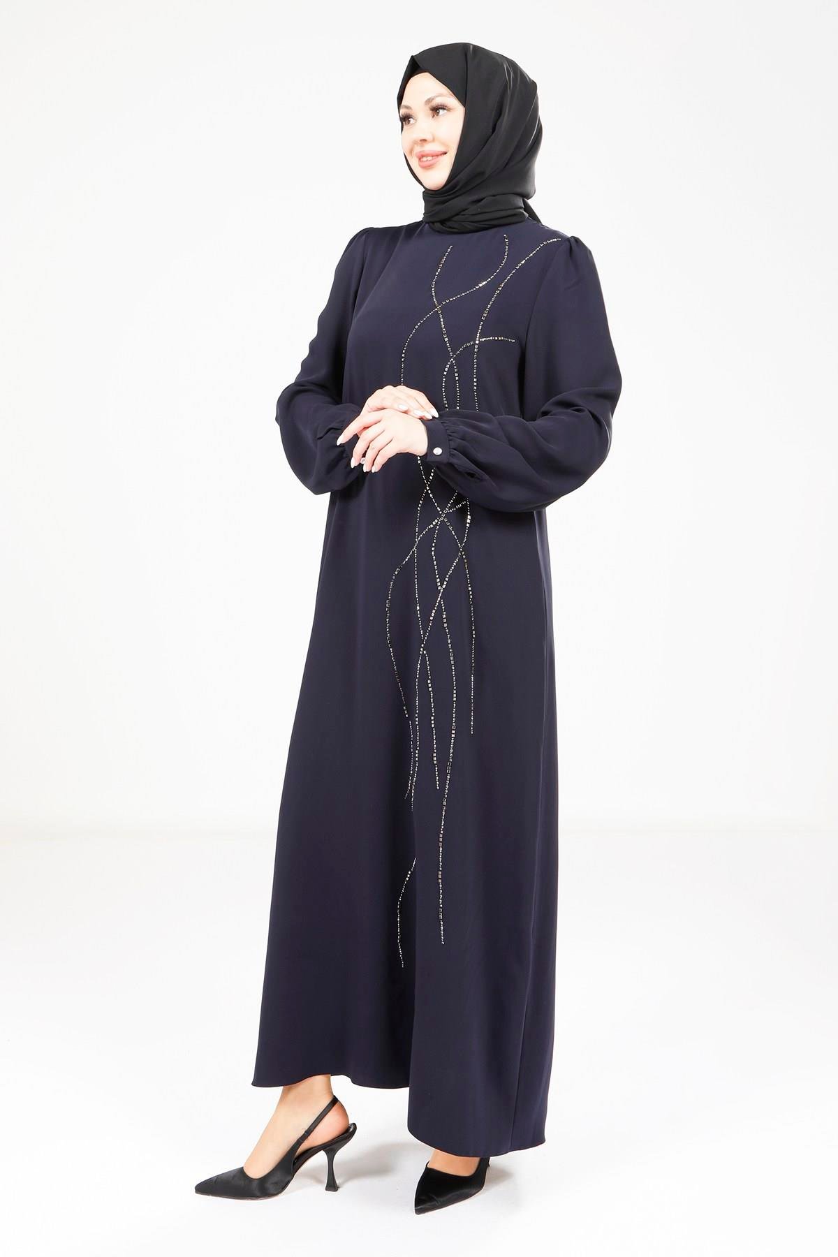 Beyza-Beyza Omuz Pileli Lacivert Elbise 9318