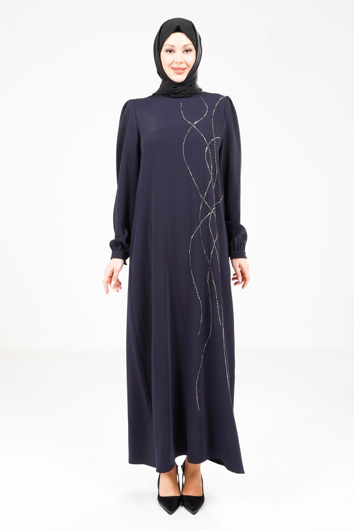 Beyza-Beyza Omuz Pileli Lacivert Elbise 9318