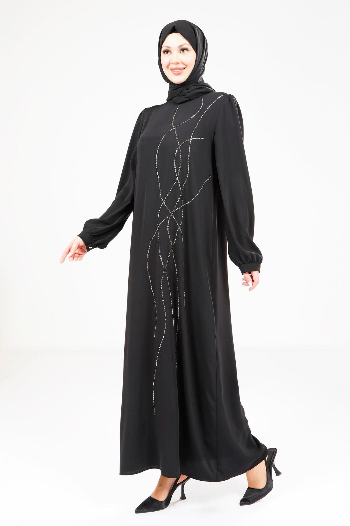 Beyza-Beyza Omuz Pileli Siyah Elbise 9318