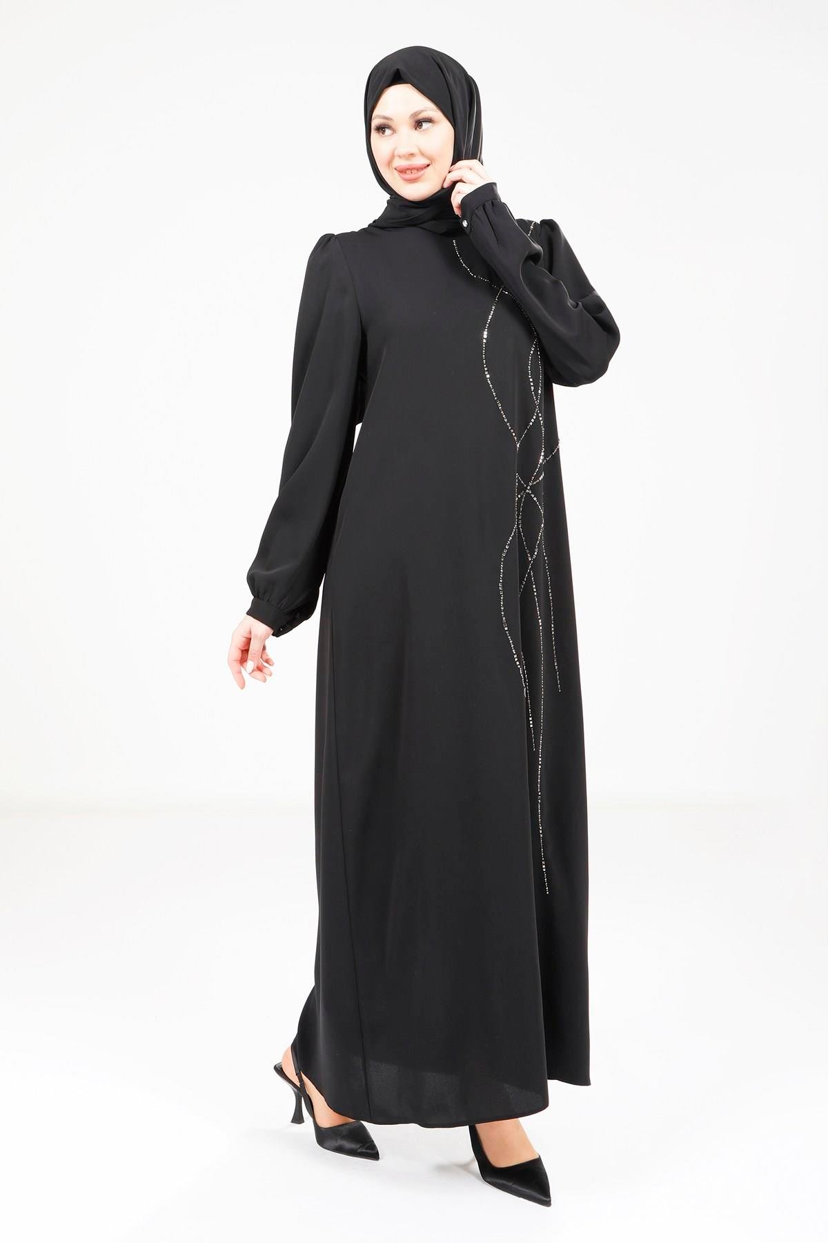 Beyza-Beyza Omuz Pileli Siyah Elbise 9318