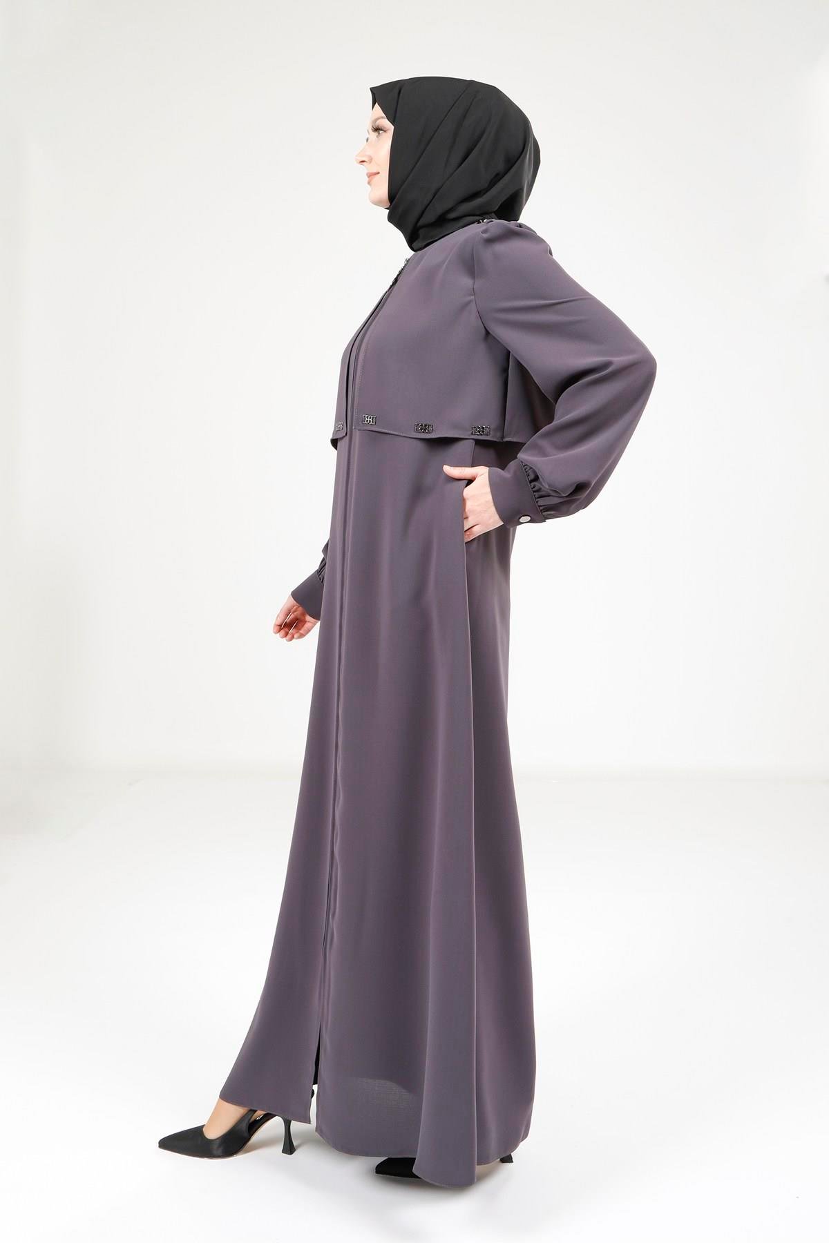 Beyza-Beyza Omuzları Apoletli Füme Renk Ferace 9199