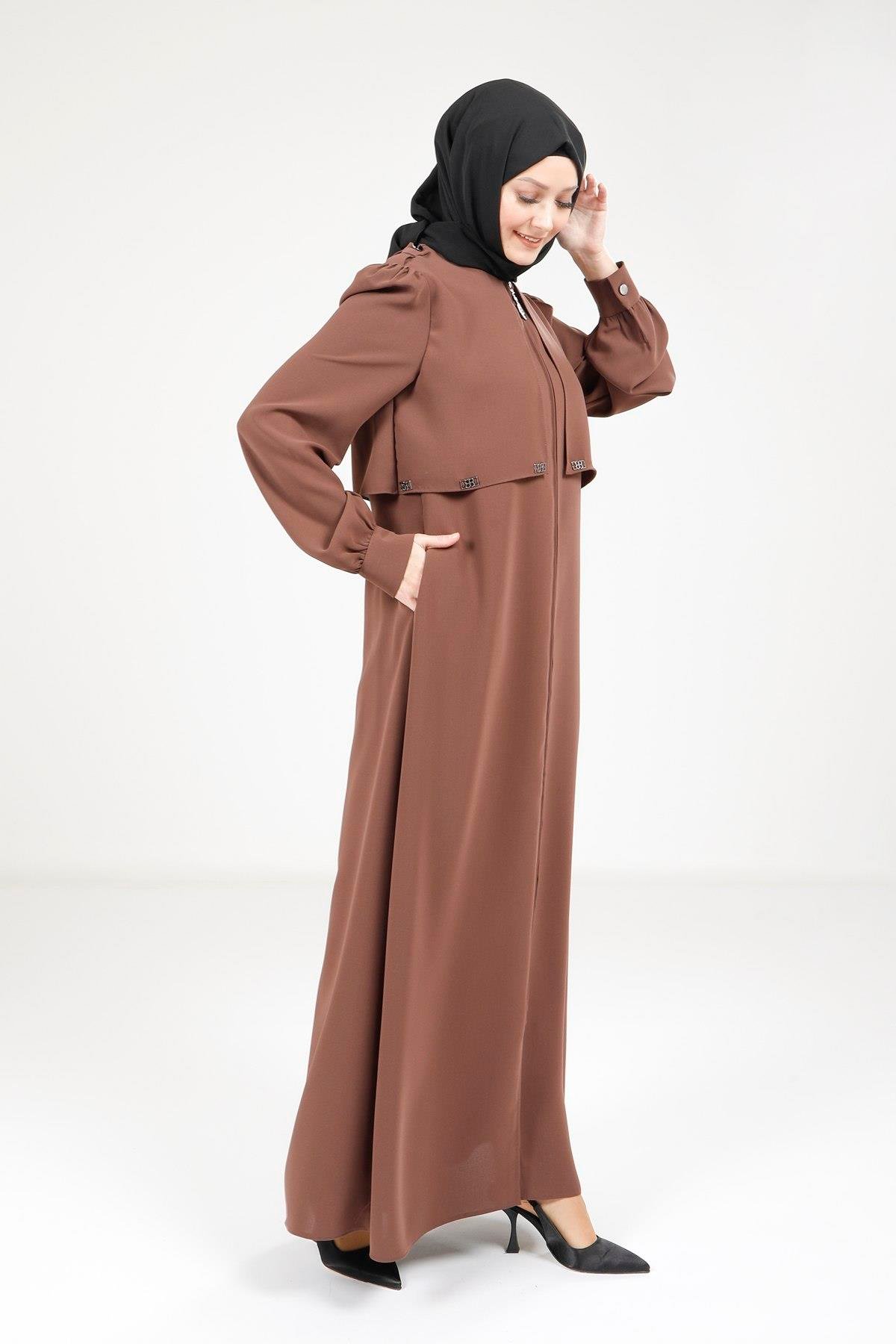 Beyza-Beyza Omuzları Apoletli Kül Rengi Ferace 9199