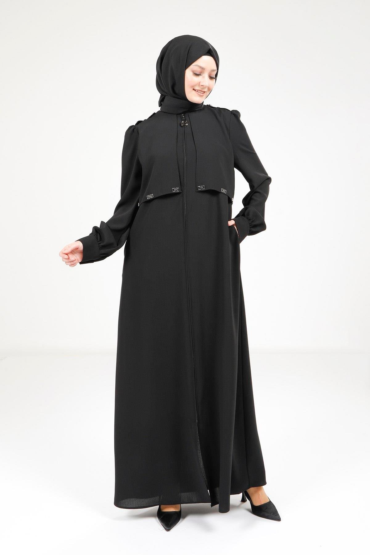 Beyza-Beyza Omuzları Apoletli Siyah Renk Ferace 9199