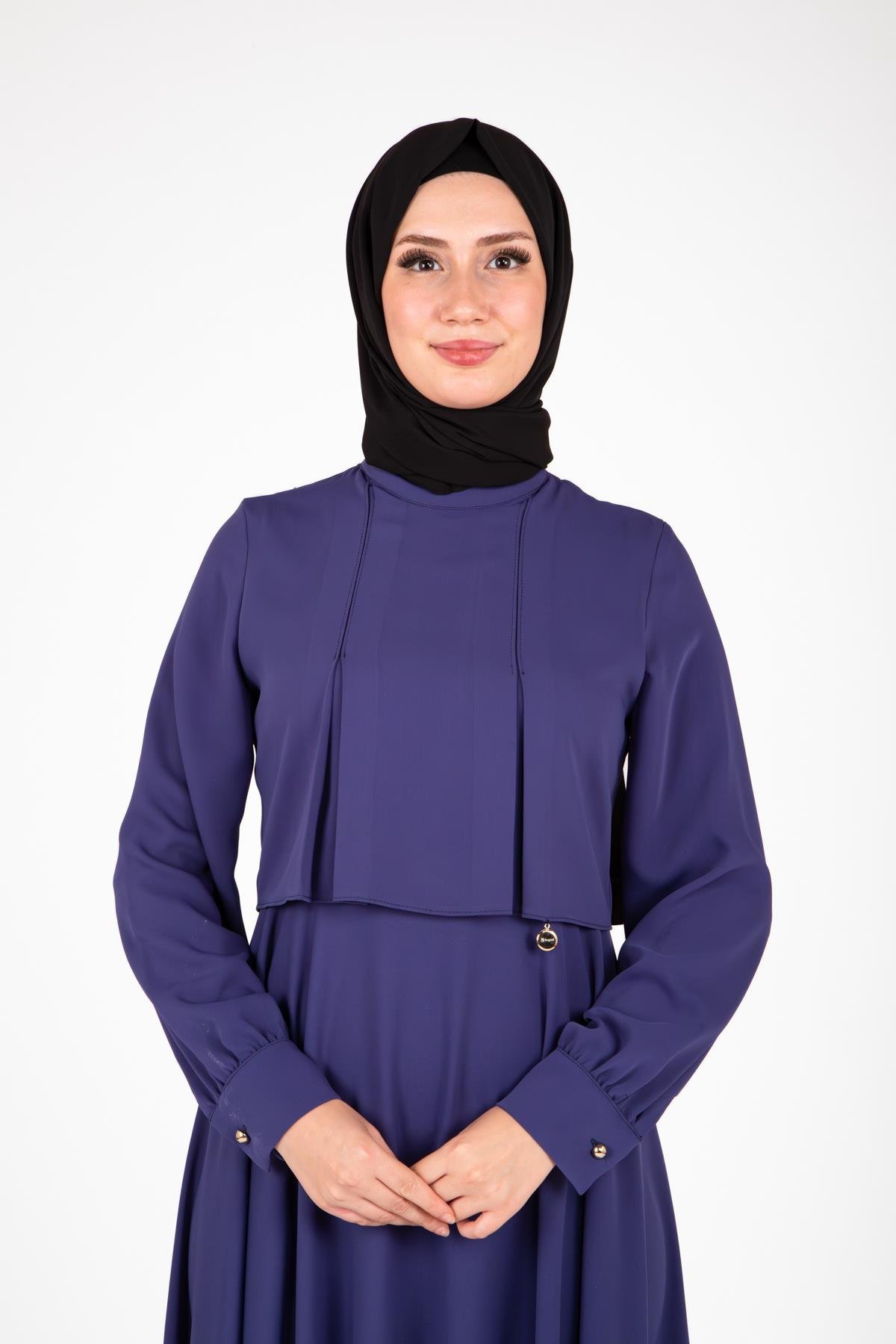 Beyza-Beyza Omuzları Pileli İndigo Elbise 9426