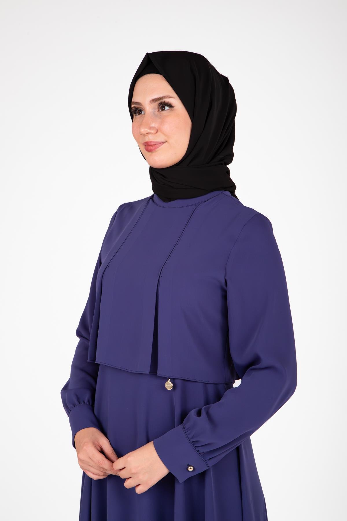 Beyza-Beyza Omuzları Pileli İndigo Elbise 9426