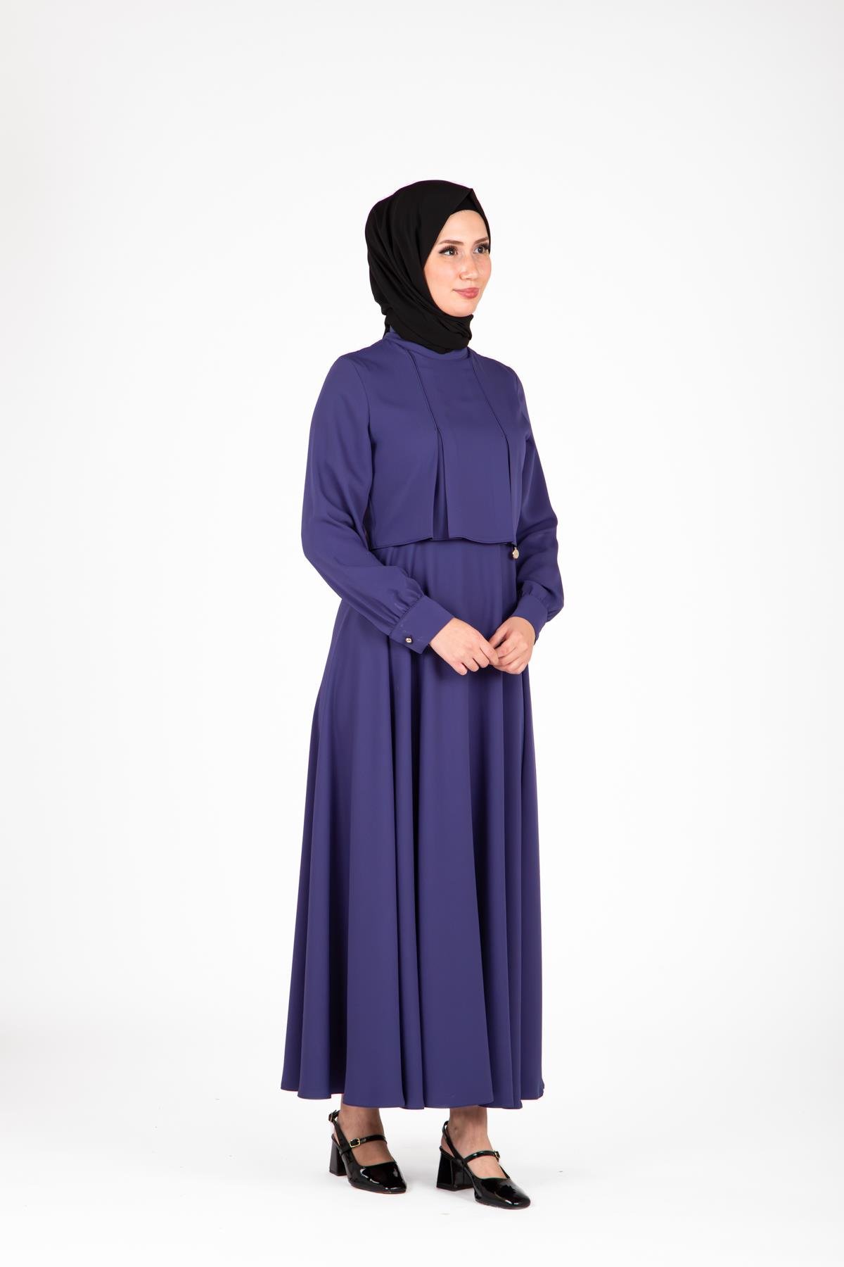 Beyza-Beyza Omuzları Pileli İndigo Elbise 9426