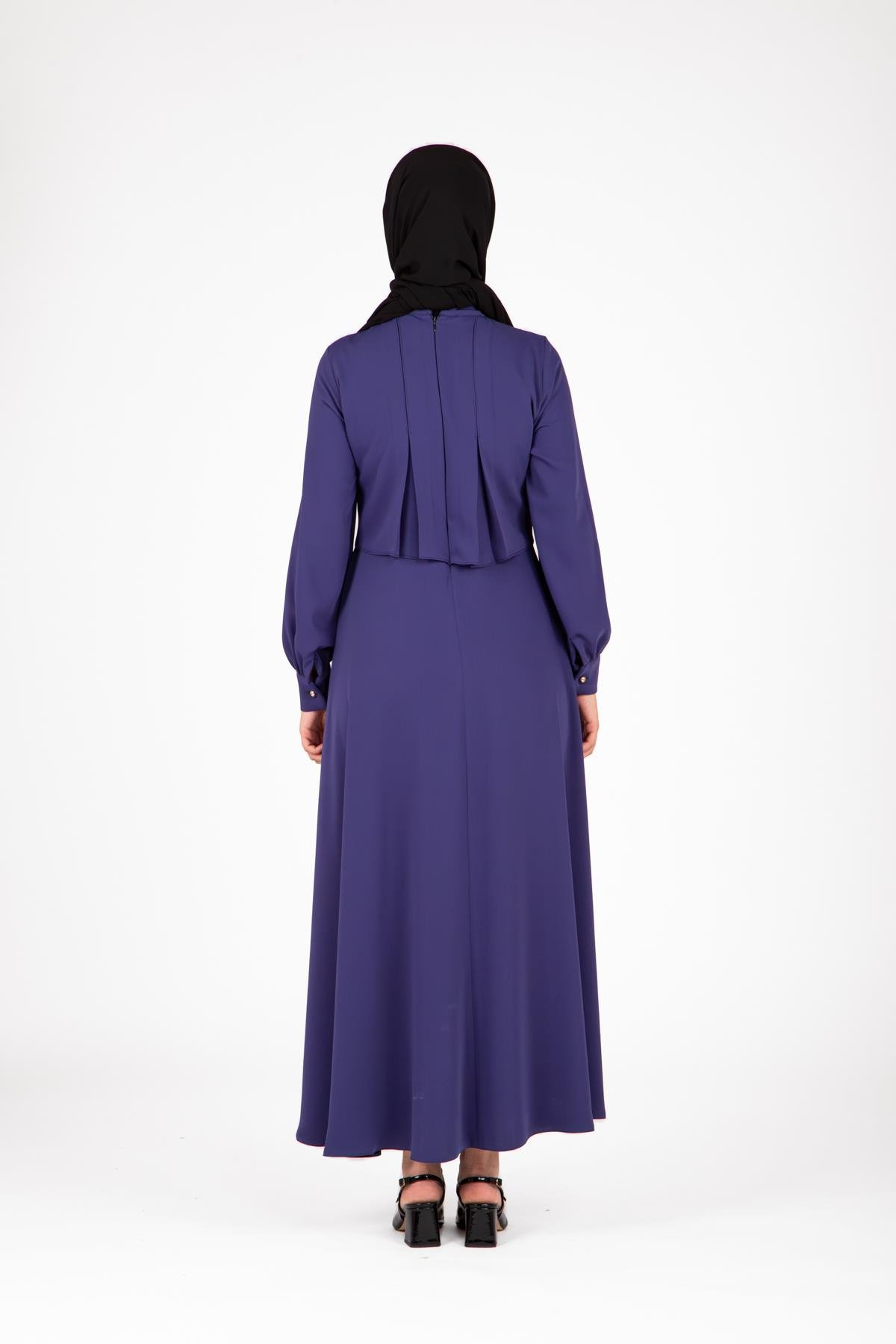 Beyza-Beyza Omuzları Pileli İndigo Elbise 9426