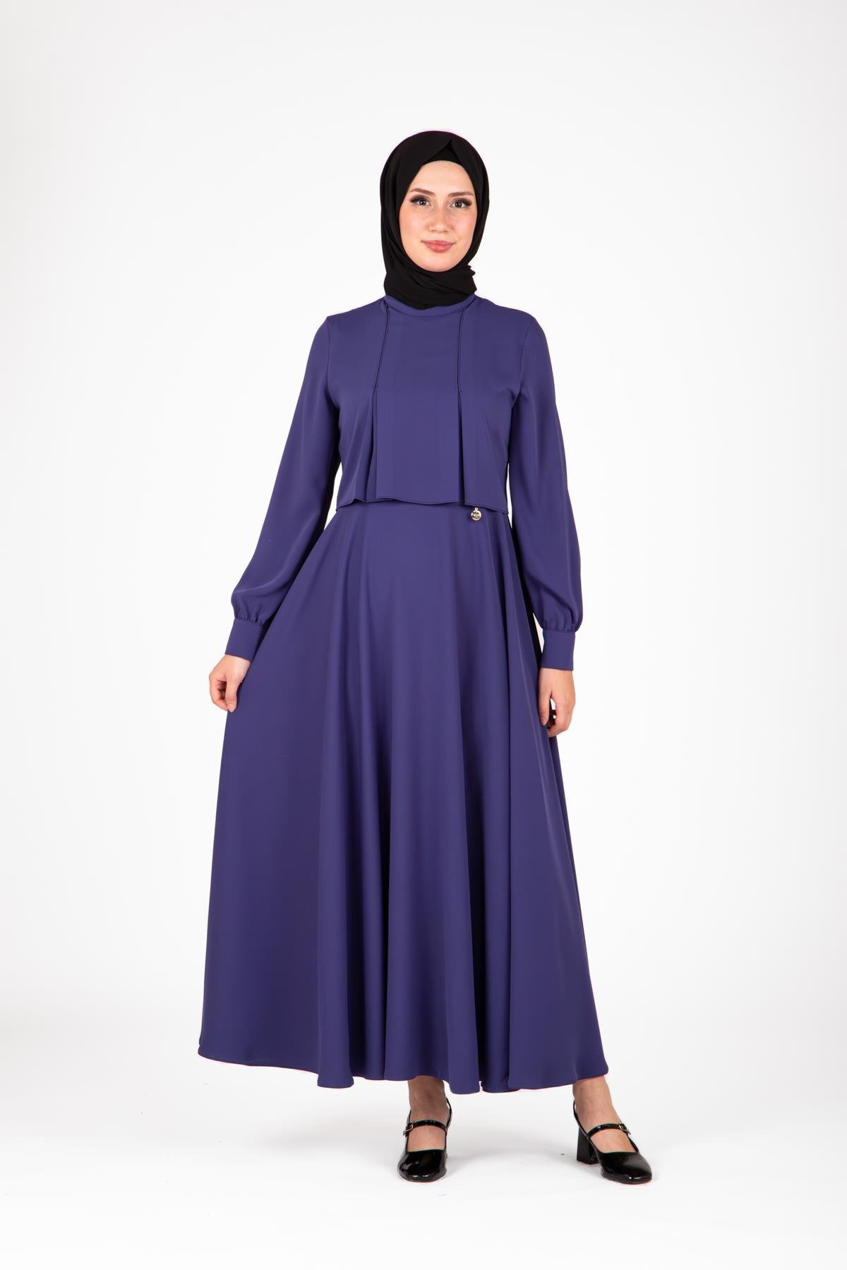 Beyza-Beyza Omuzları Pileli İndigo Elbise 9426