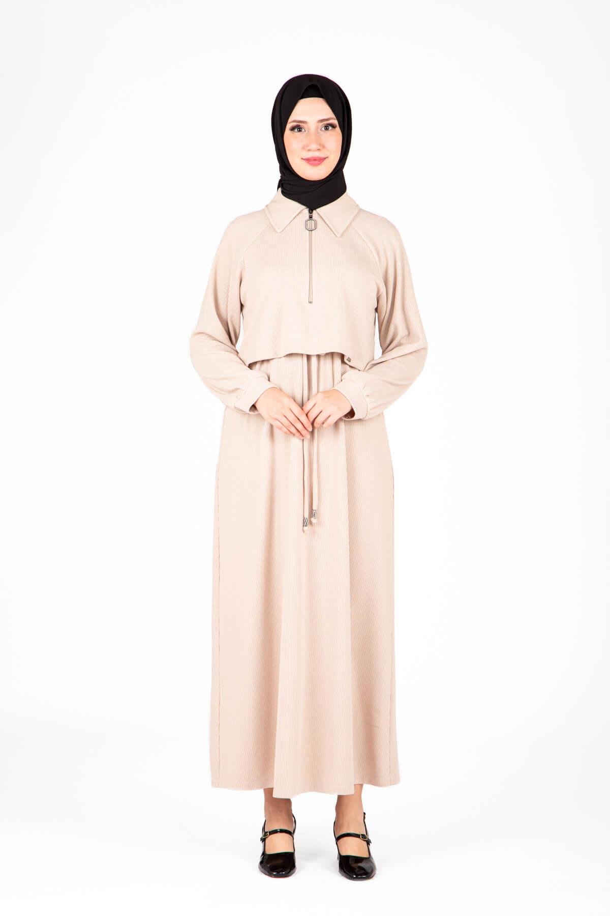 Beyza-Beyza Ön Kısmı Fermuarlı Örme Bej Elbise 9448