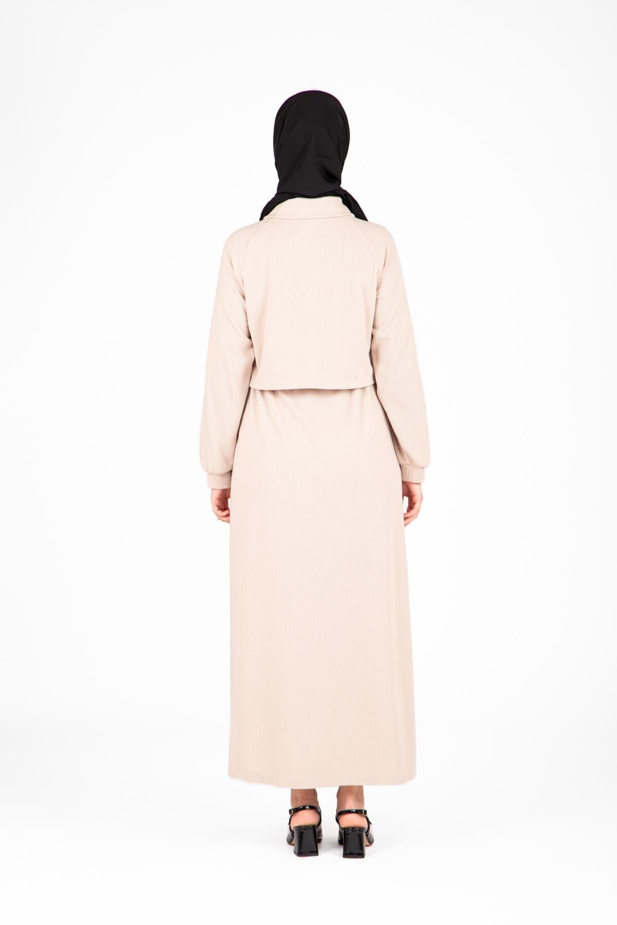 Beyza-Beyza Ön Kısmı Fermuarlı Örme Bej Elbise 9448