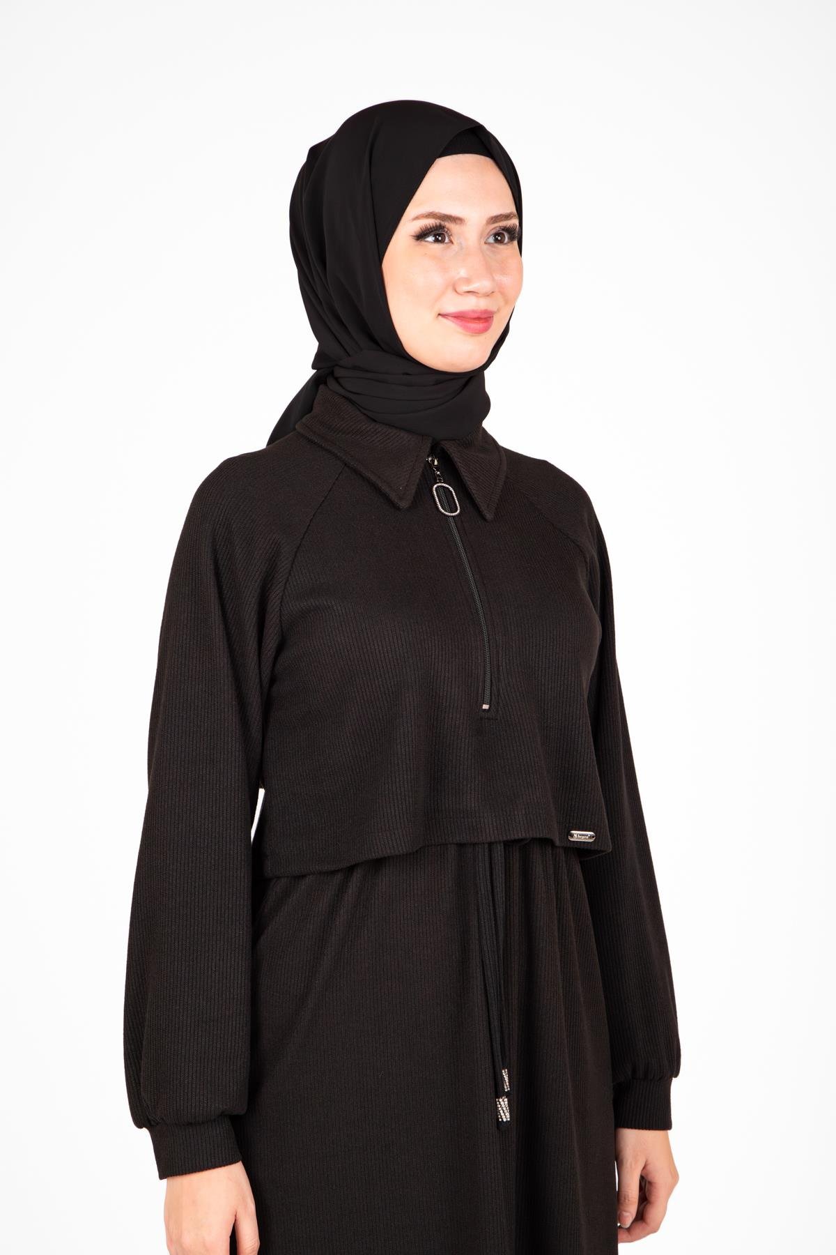 Beyza-Beyza Ön Kısmı Fermuarlı Örme Siyah Elbise 9448