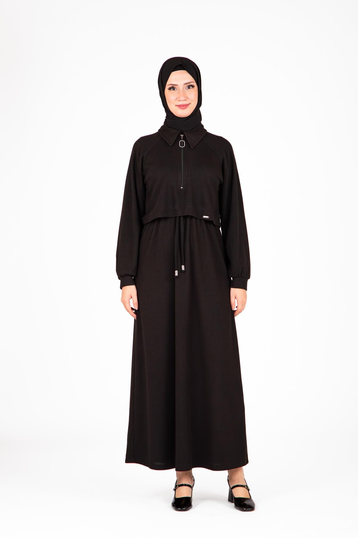 Beyza-Beyza Ön Kısmı Fermuarlı Örme Siyah Elbise 9448