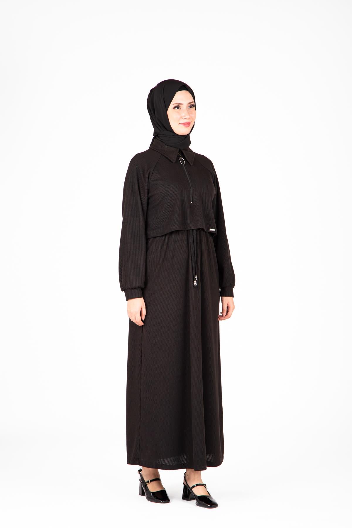 Beyza-Beyza Ön Kısmı Fermuarlı Örme Siyah Elbise 9448