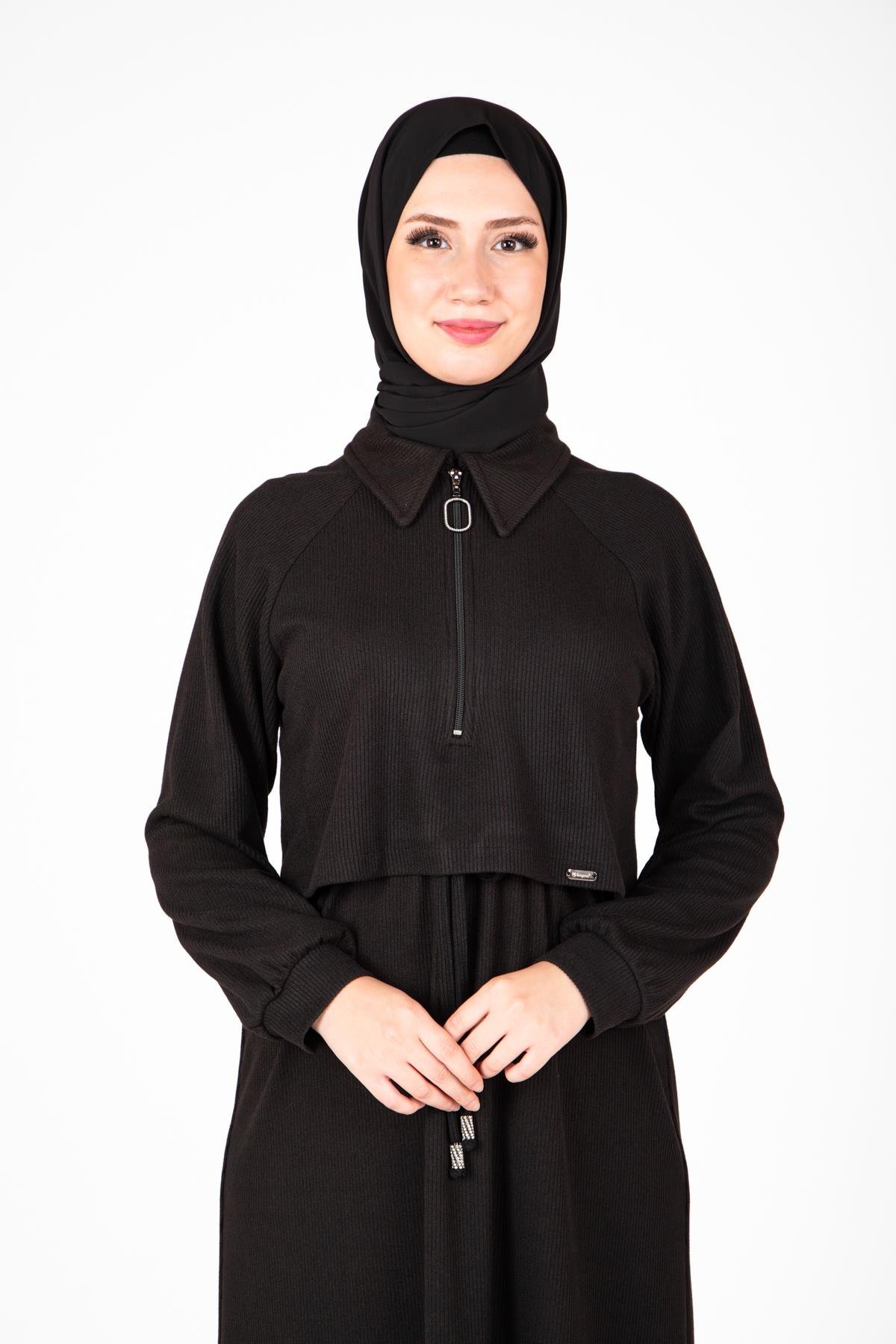 Beyza-Beyza Ön Kısmı Fermuarlı Örme Siyah Elbise 9448