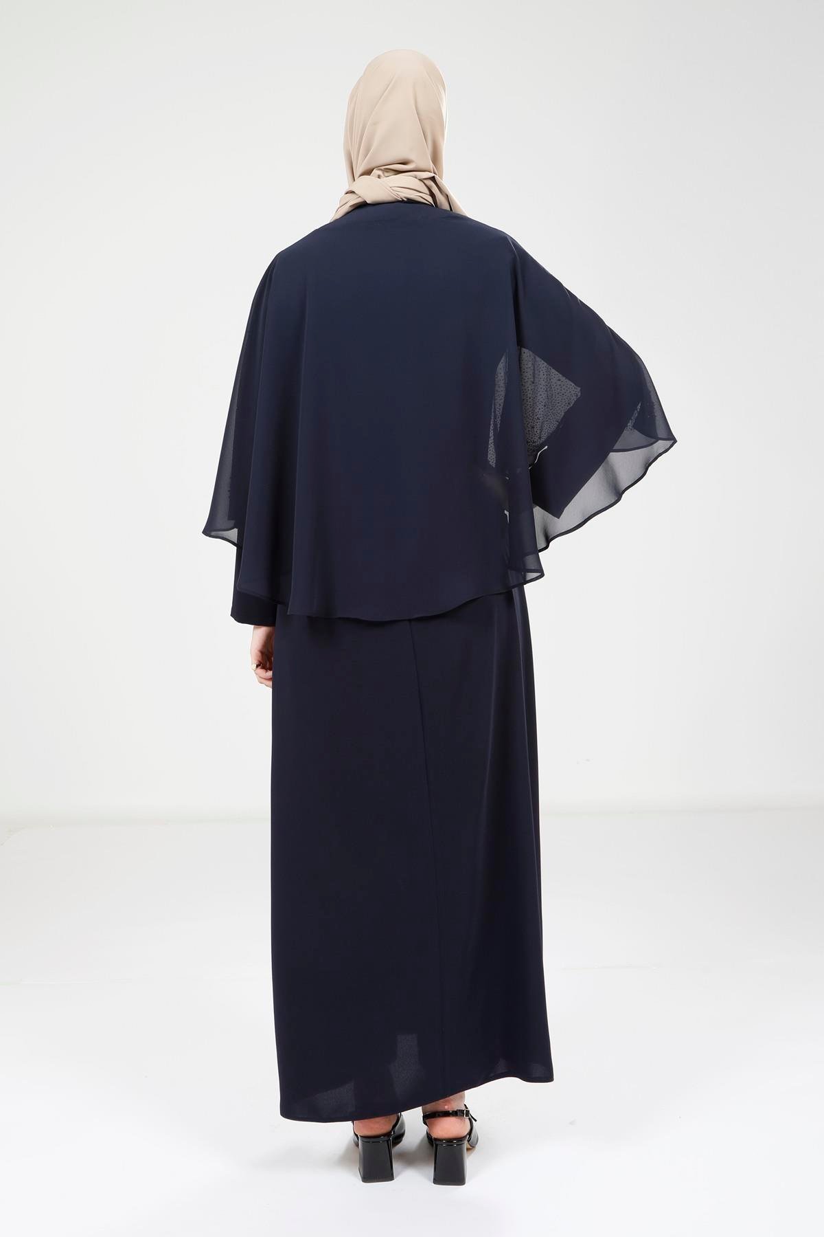 Beyza-9308 ELBİSE PELERİNLİ LACİVERT