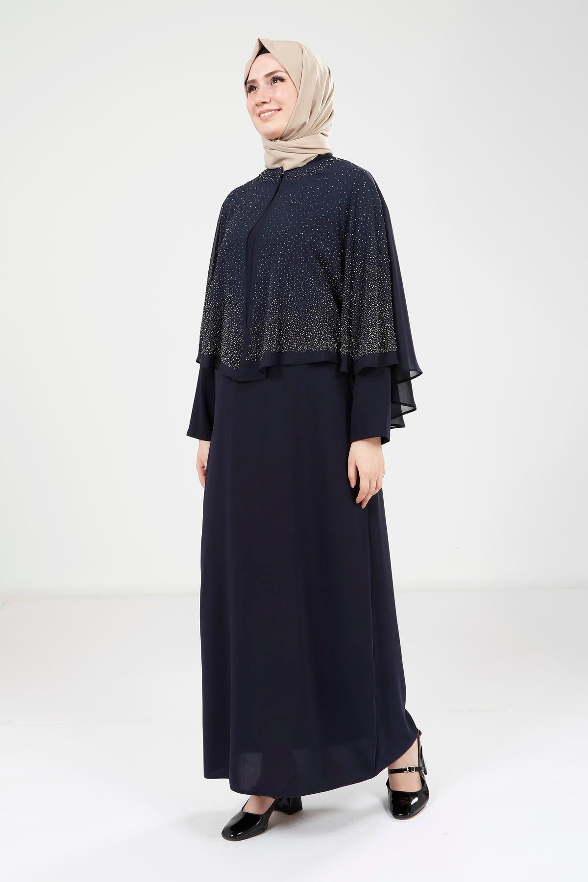 Beyza-9308 ELBİSE PELERİNLİ LACİVERT