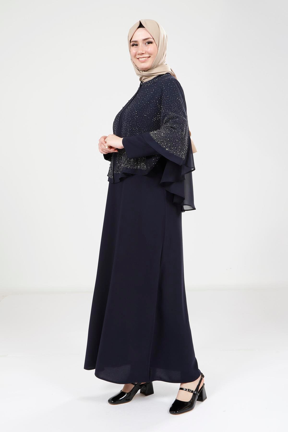 Beyza-9308 ELBİSE PELERİNLİ LACİVERT