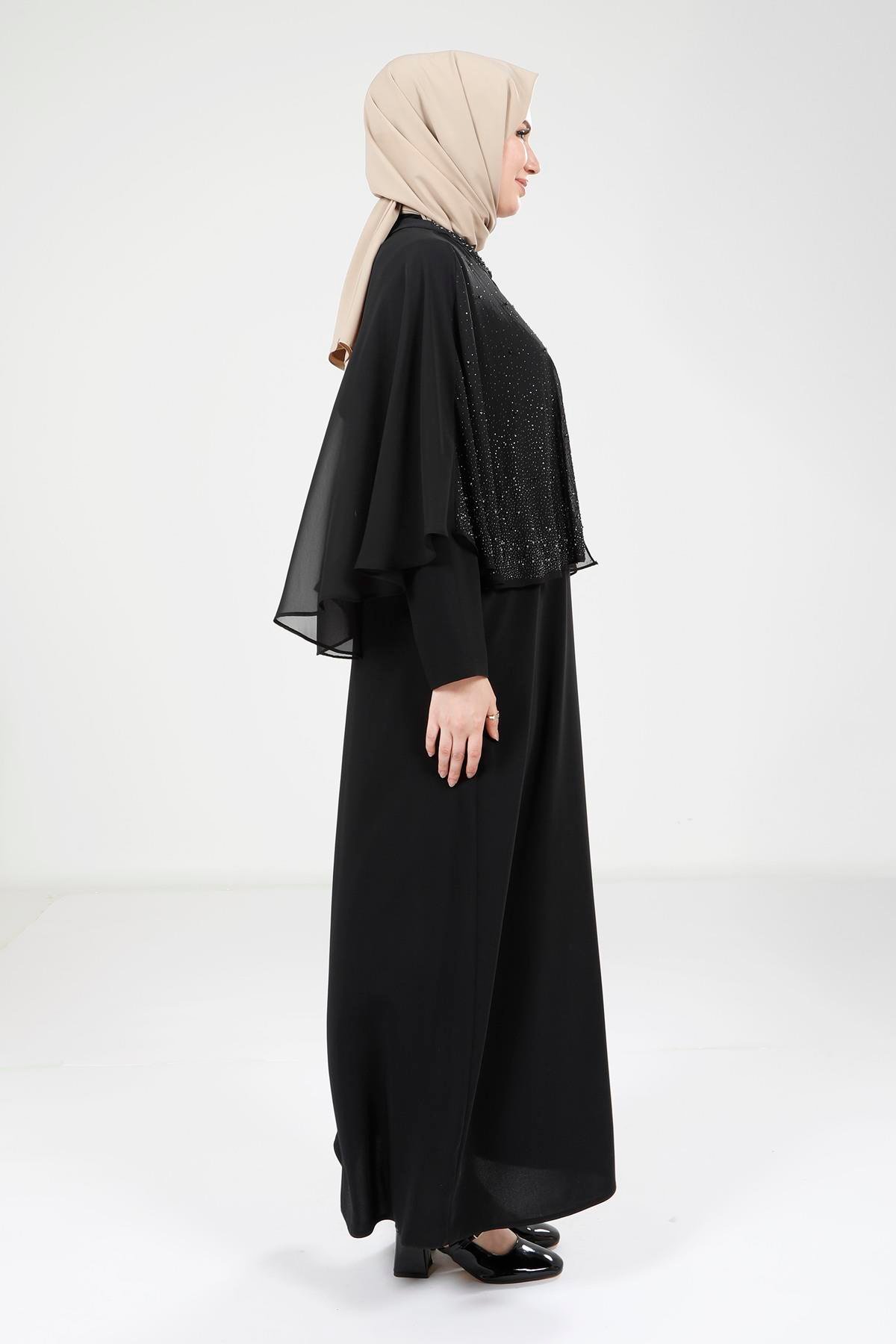 Beyza-9308 ELBİSE PELERİNLİ SİYAH