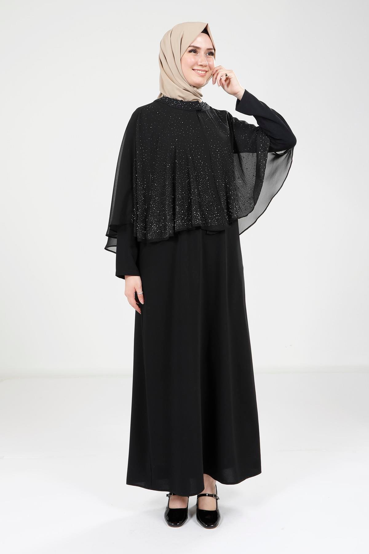 Beyza-9308 ELBİSE PELERİNLİ SİYAH