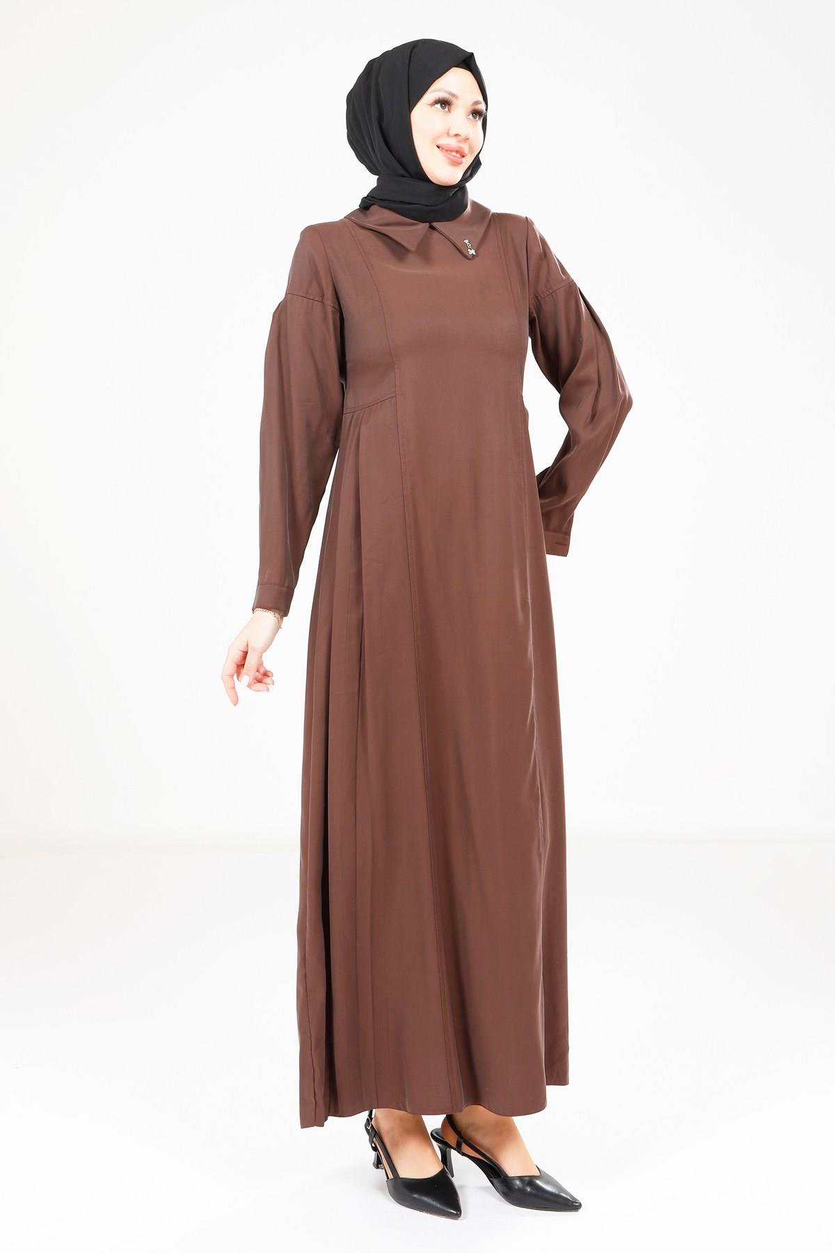 Beyza-Beyza Pileli Kahve Elbise 9342