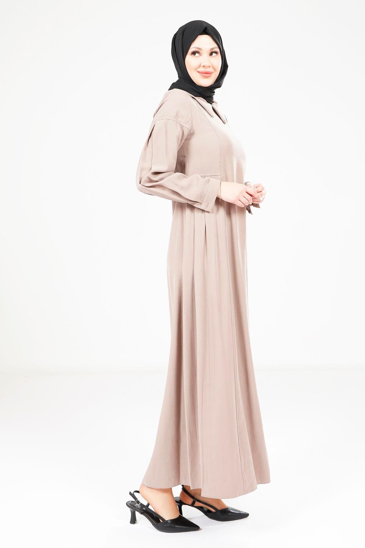 Beyza-Beyza Pileli Vizon Elbise 9342