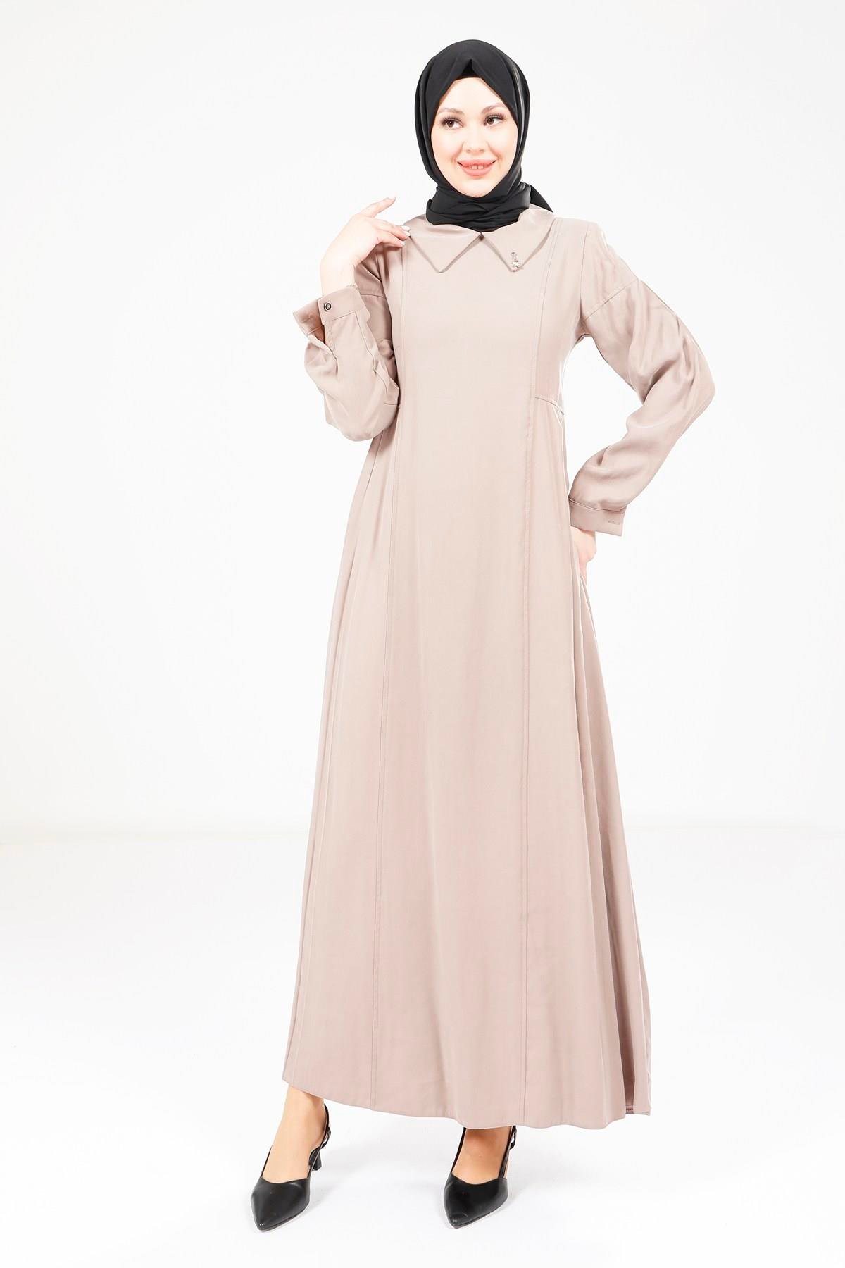 Beyza-Beyza Pileli Vizon Elbise 9342