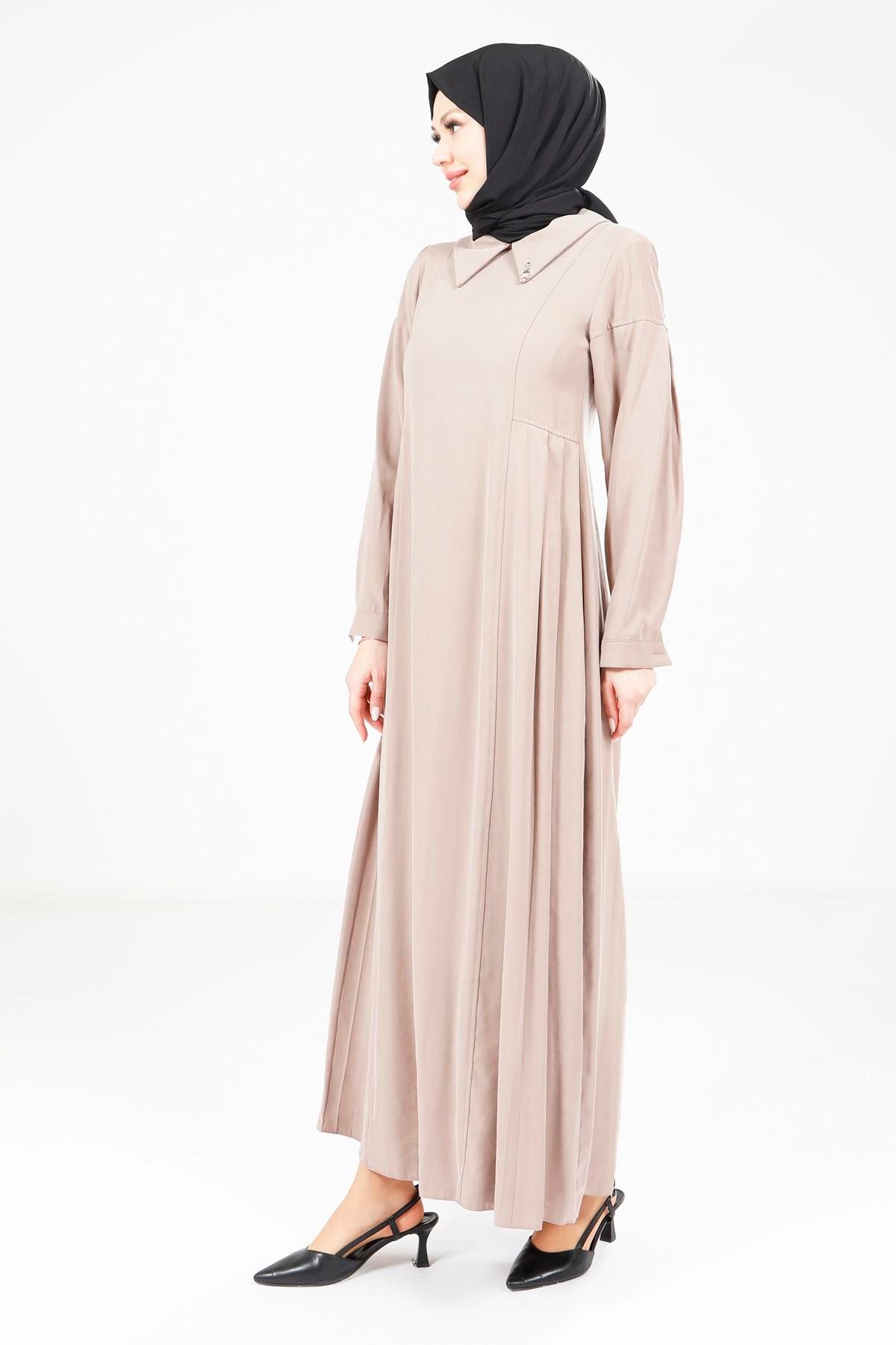 Beyza-Beyza Pileli Vizon Elbise 9342