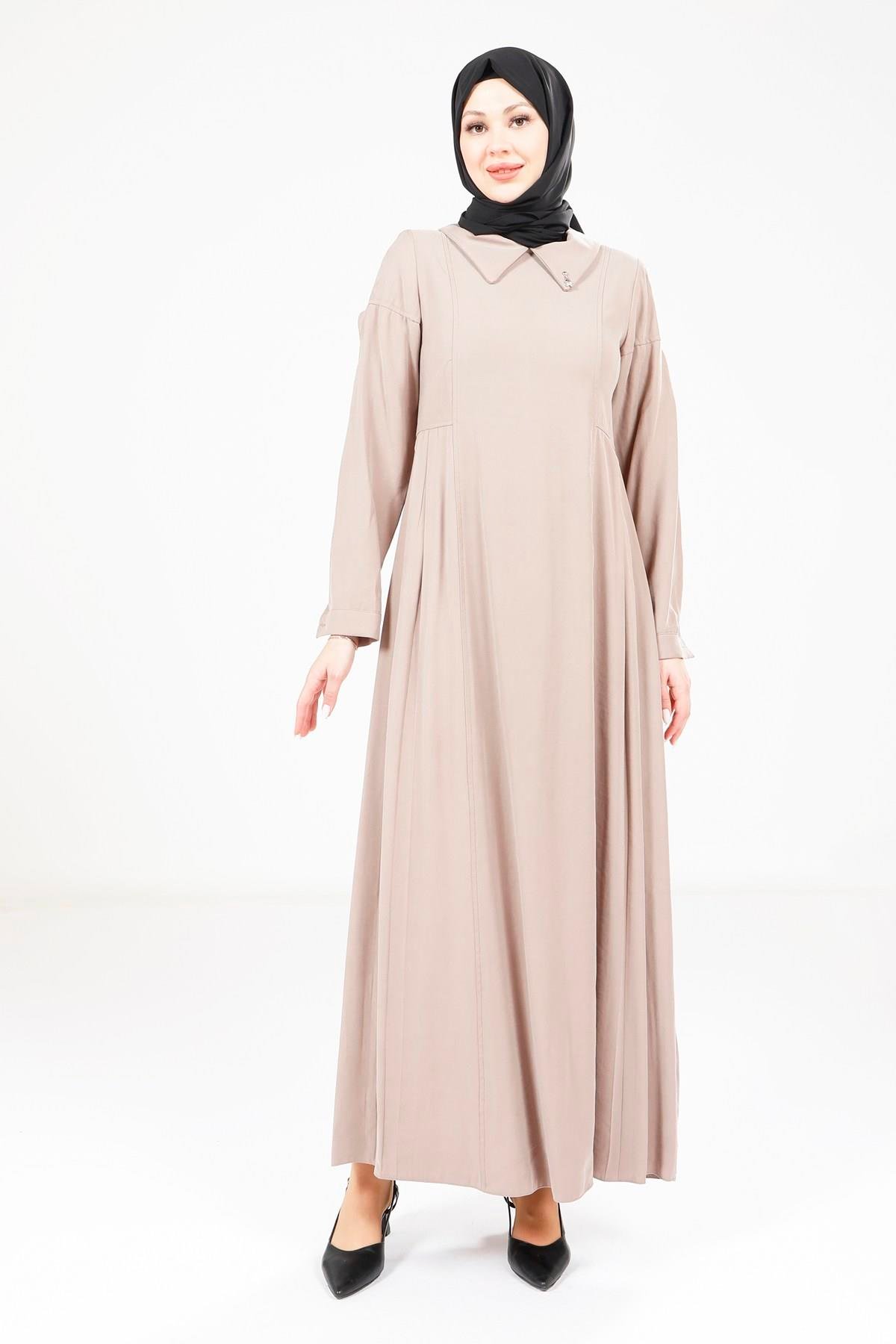 Beyza-Beyza Pileli Vizon Elbise 9342