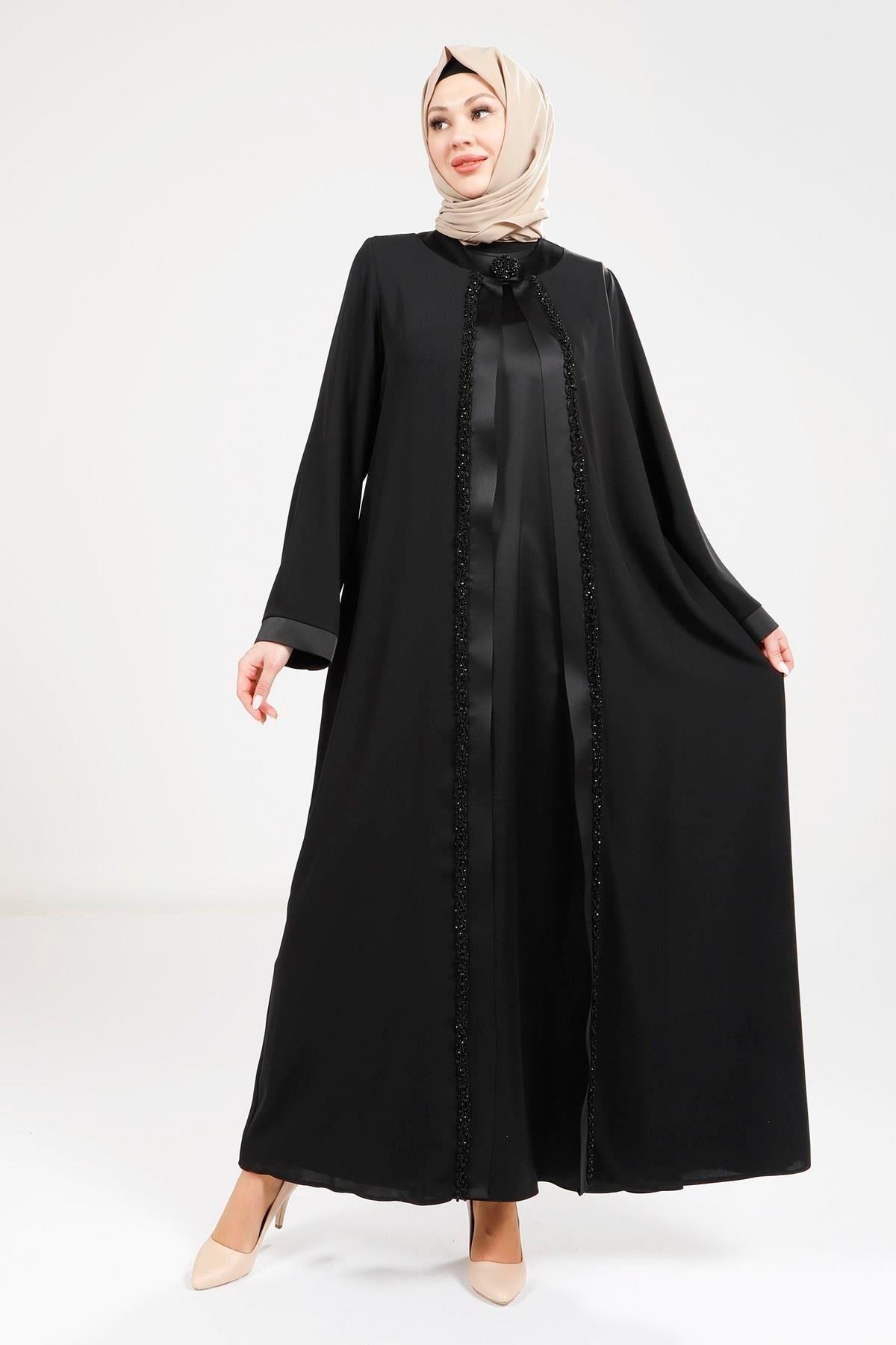 Beyza-9269 ABAYA SATEN ELBİSELİ SİYAH