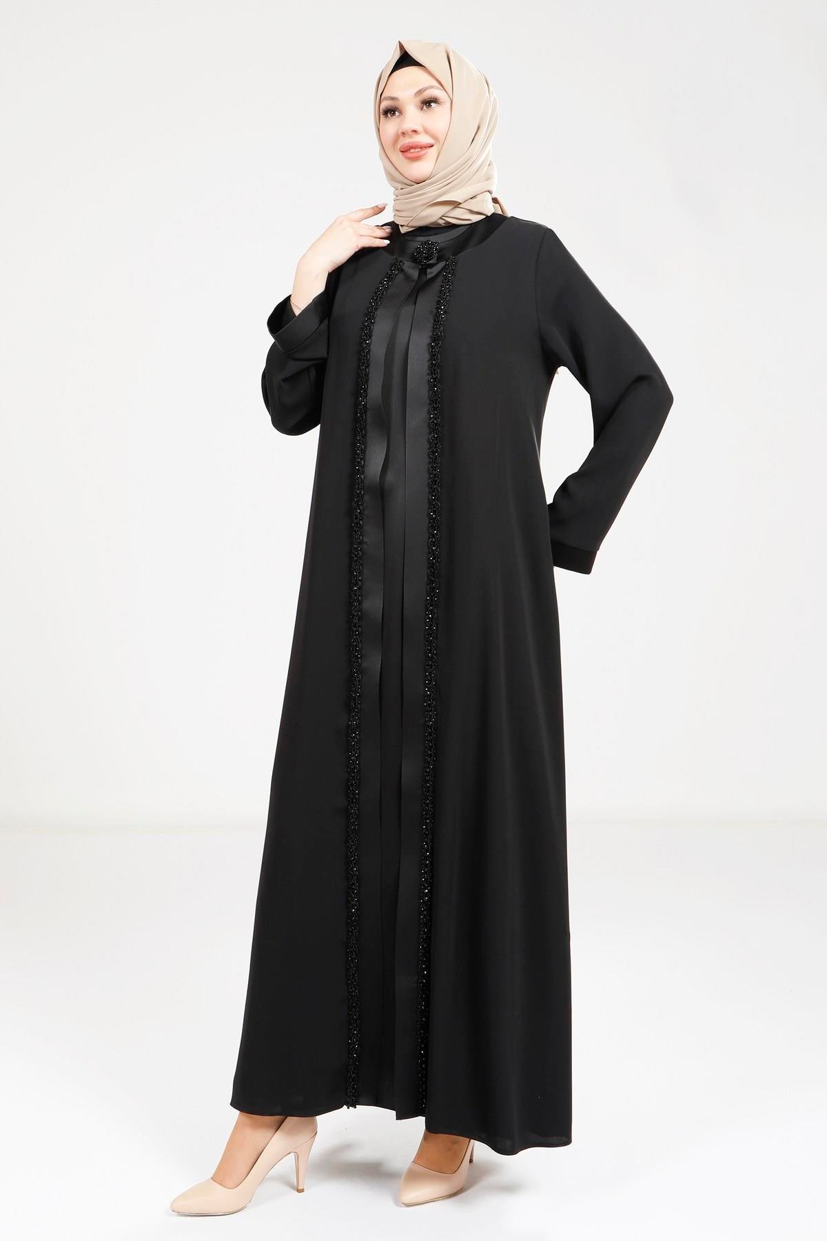 Beyza-9269 ABAYA SATEN ELBİSELİ SİYAH