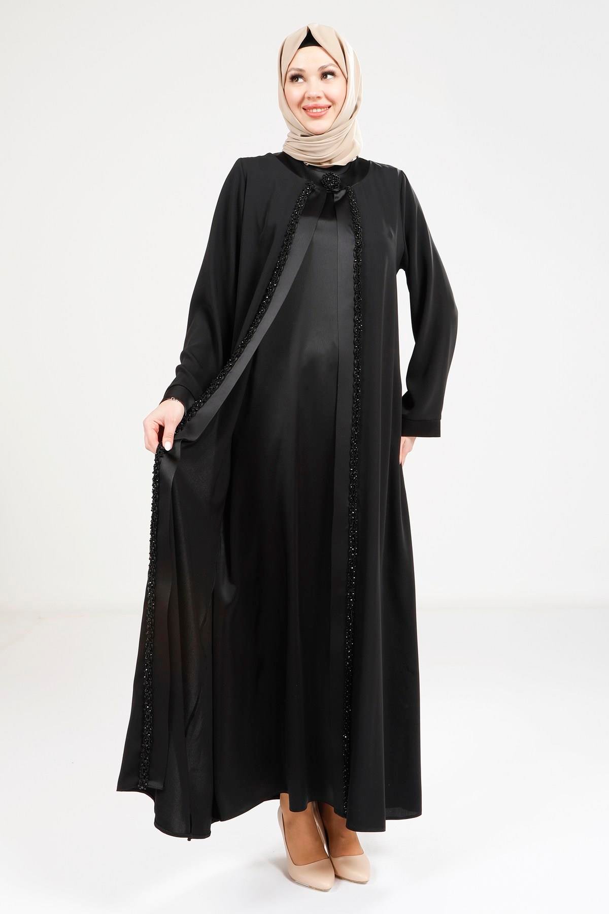 Beyza-9269 ABAYA SATEN ELBİSELİ SİYAH