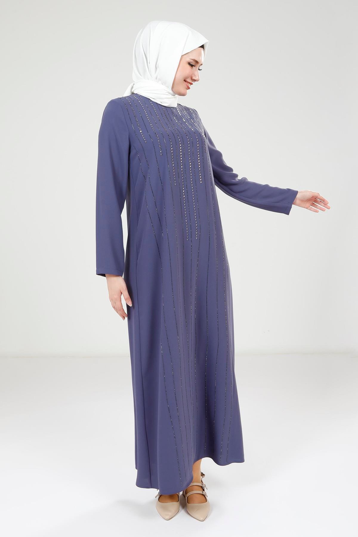 Beyza-Beyza Şerit Taş Detaylı Mor Elbise 9305